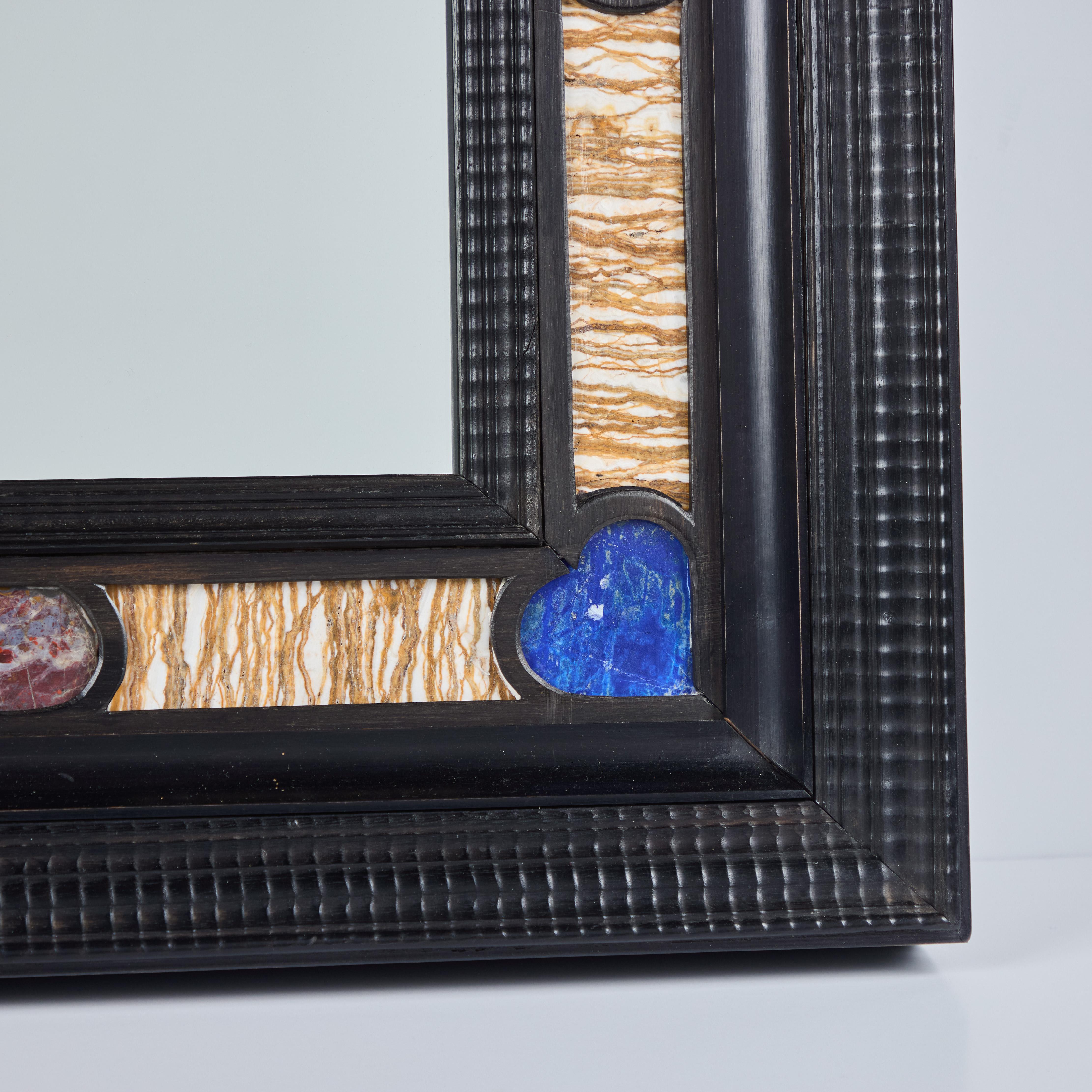 Mid-20th Century Italian Marble and Lapis Inset Ebonized Mirror Circa 1950's For Sale
