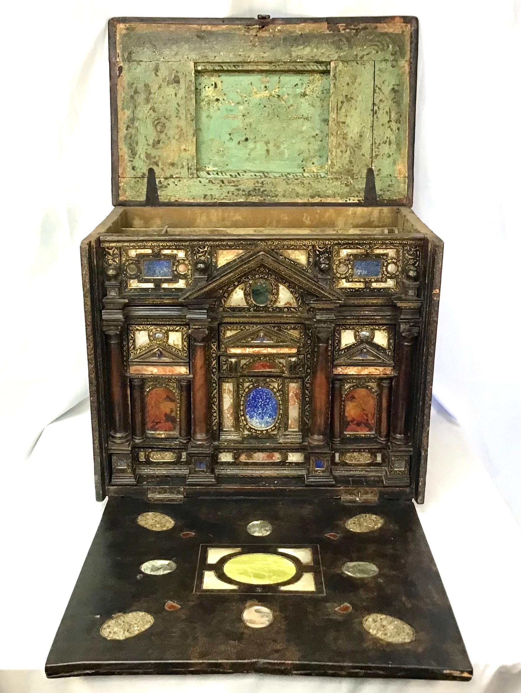 Italian Marble Hardstone Mounted Lacquer Table Cabinet, Venetian 17th Century 5