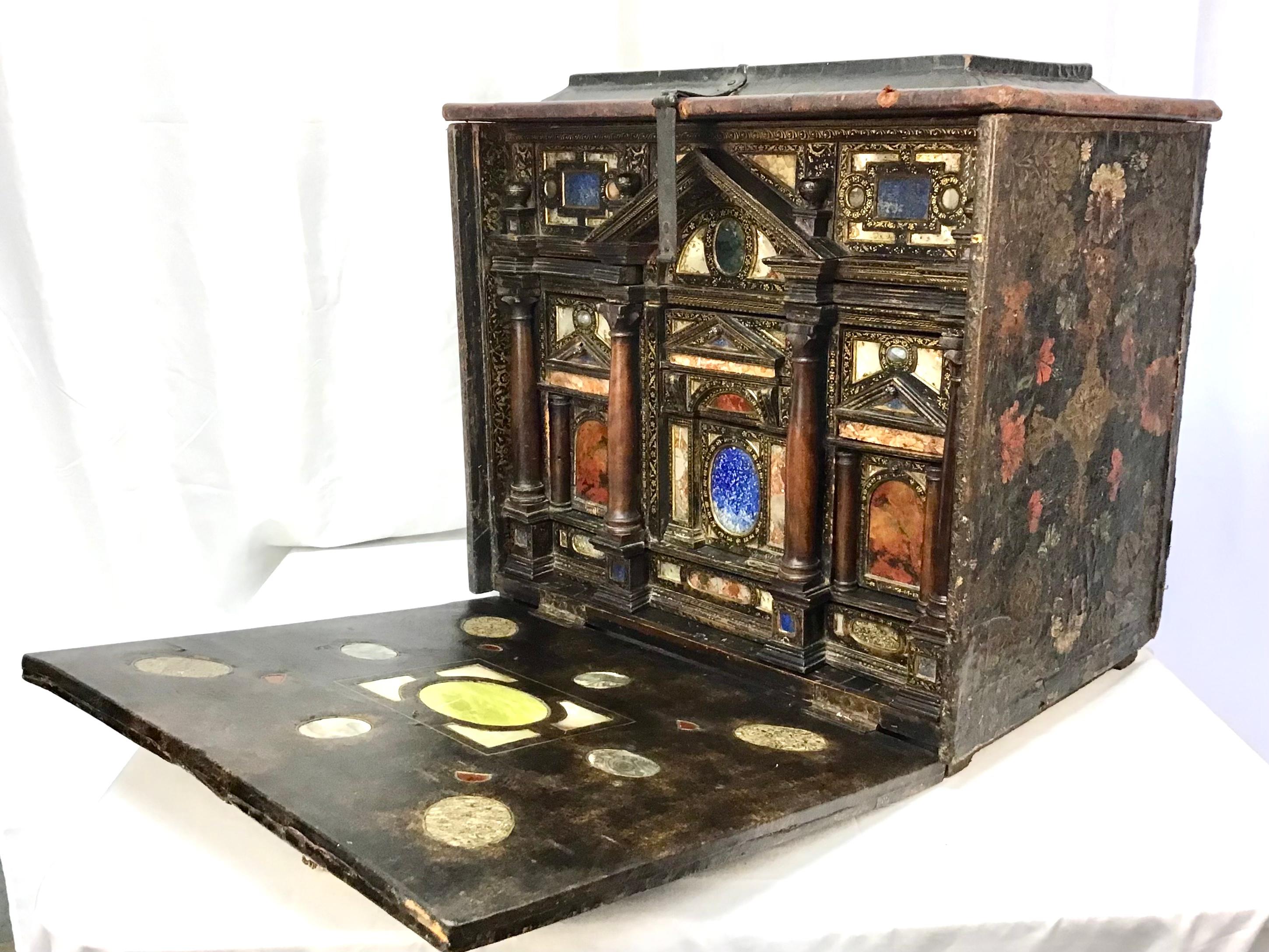 Italian Marble Hardstone Mounted Lacquer Table Cabinet, Venetian 17th Century 7