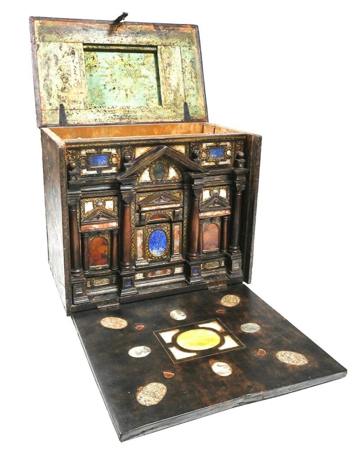 Renaissance Italian Marble Hardstone Mounted Lacquer Table Cabinet, Venetian 17th Century