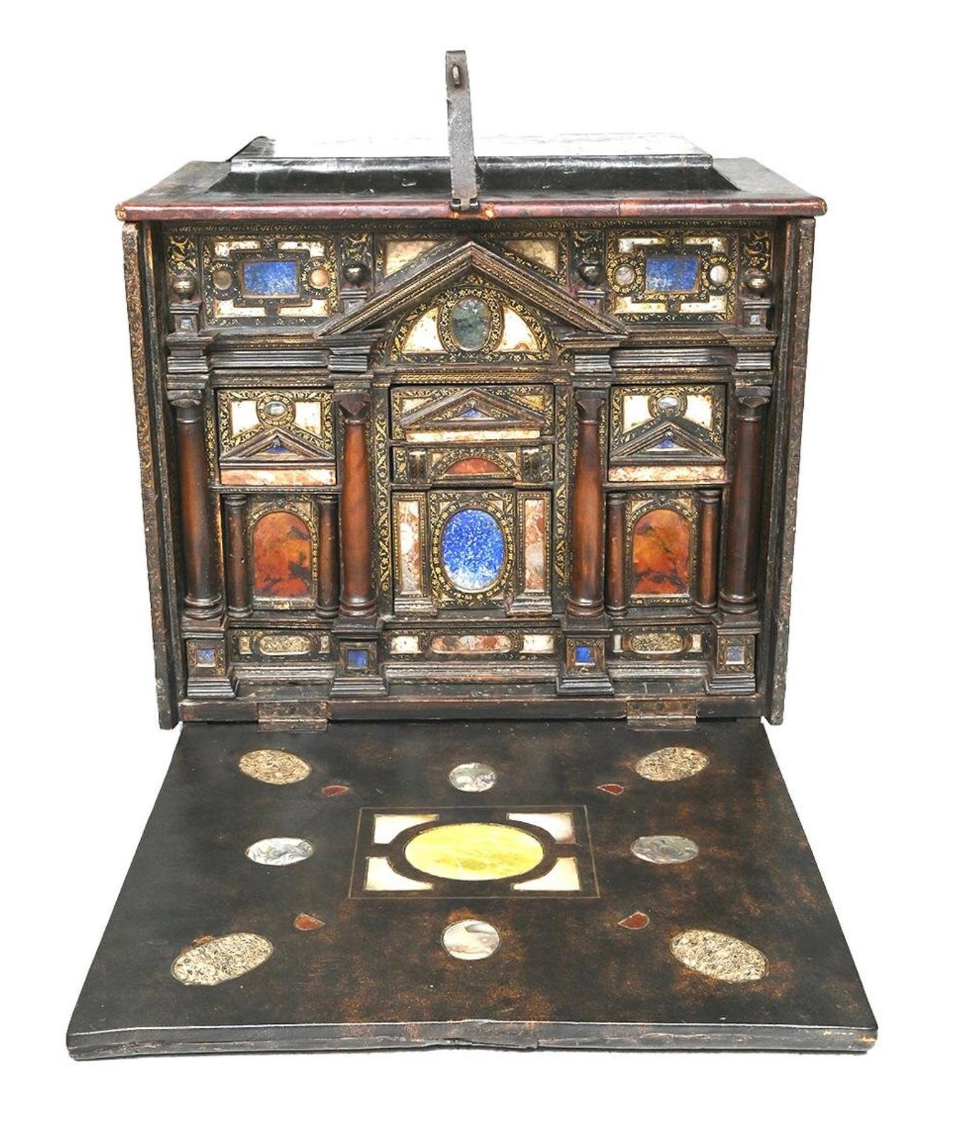 Italian Marble Hardstone Mounted Lacquer Table Cabinet, Venetian 17th Century In Good Condition In Bradenton, FL