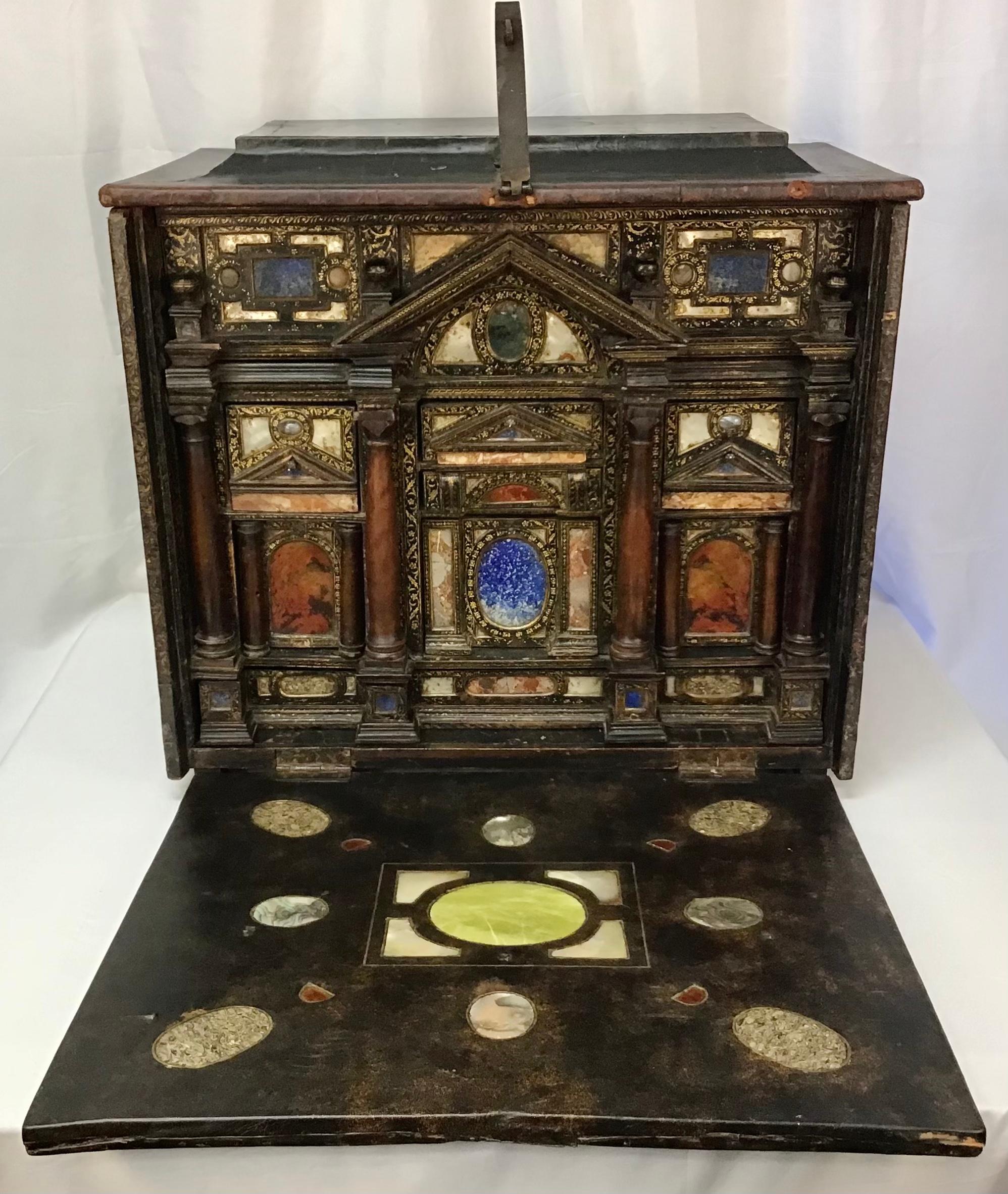 Italian Marble Hardstone Mounted Lacquer Table Cabinet, Venetian 17th Century 2
