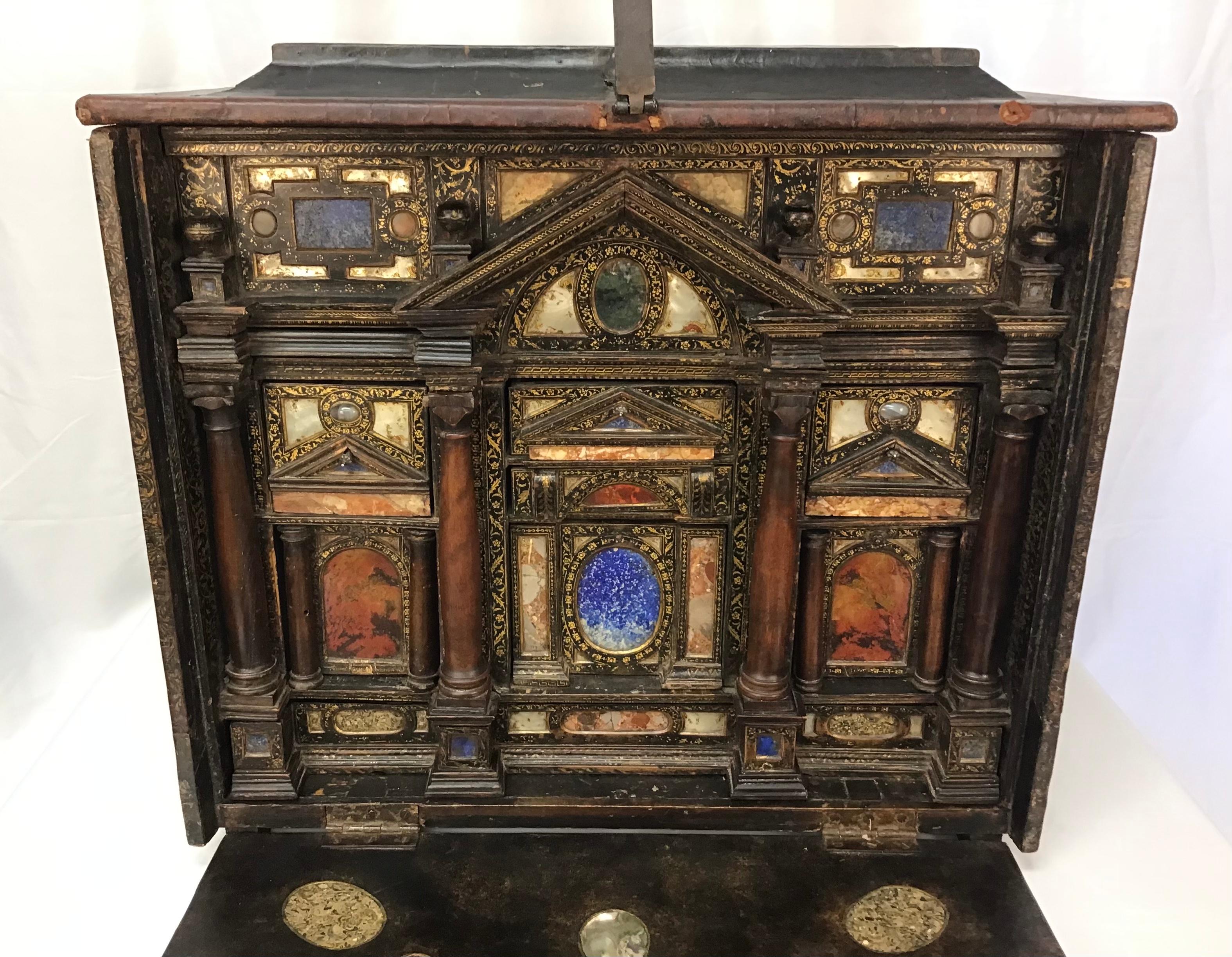 Italian Marble Hardstone Mounted Lacquer Table Cabinet, Venetian 17th Century 3