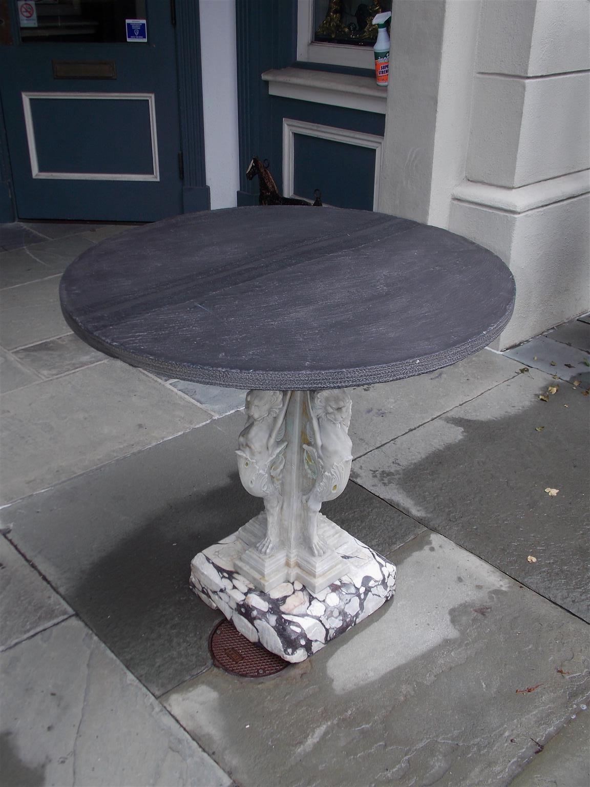 Italian Marble and Slate Top Griffon Floral Medallion Garden Table, Circa 1840 In Excellent Condition In Hollywood, SC