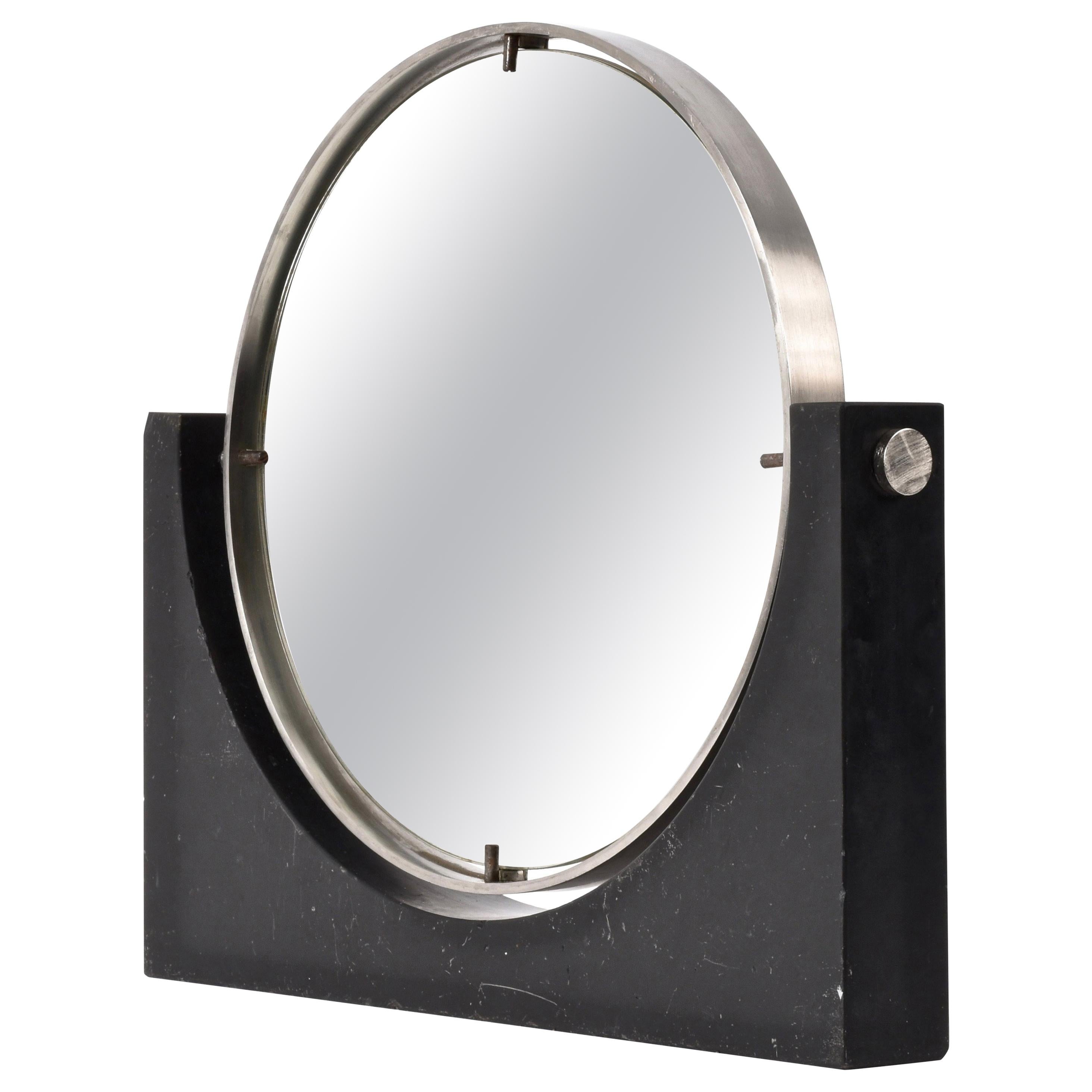 Italian Marble and Steel Vanity Table Mirror Round, Italy, 1960s by Mangiarotti