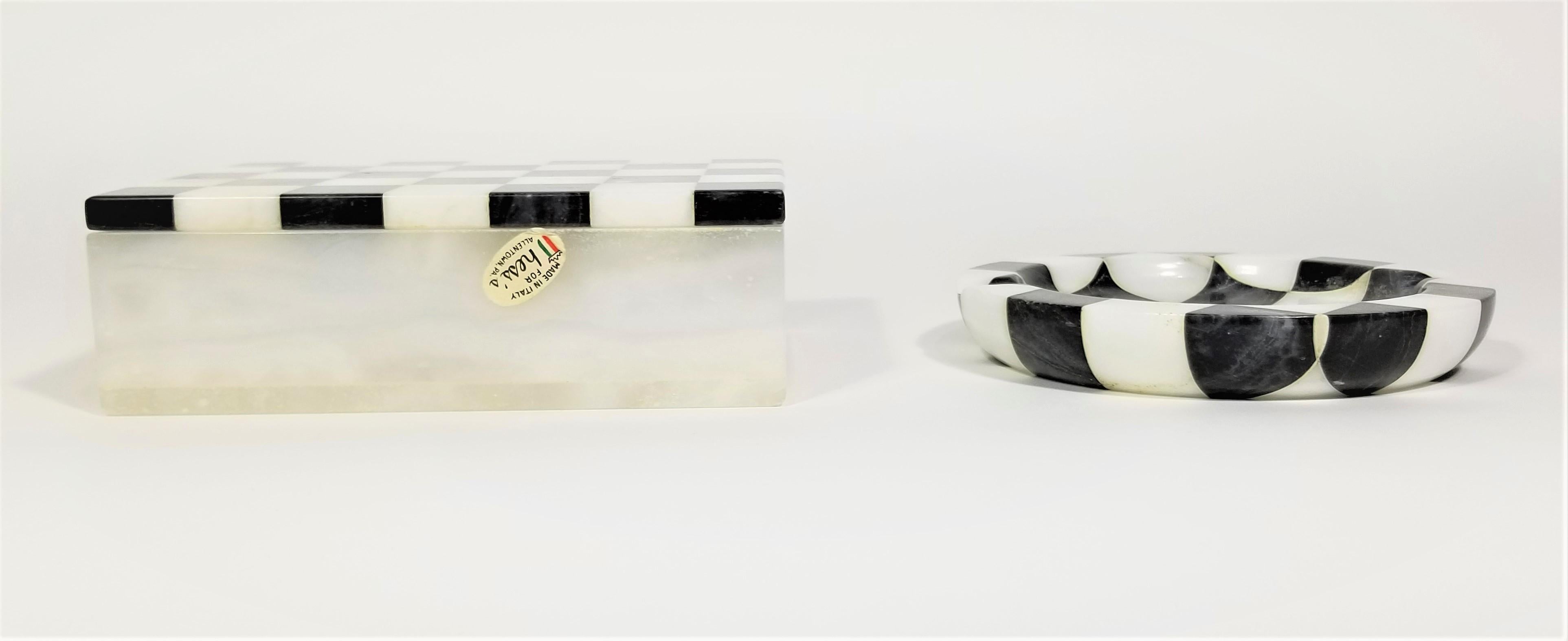 Mid century 1960s Italian black and white checked patterned marble ashtray with covered box smoking set. Made in Italy. Unused and both pieces still retain original marking stickers.

Measurements:
Circular ashtray height:: 0.75 inches
Circular