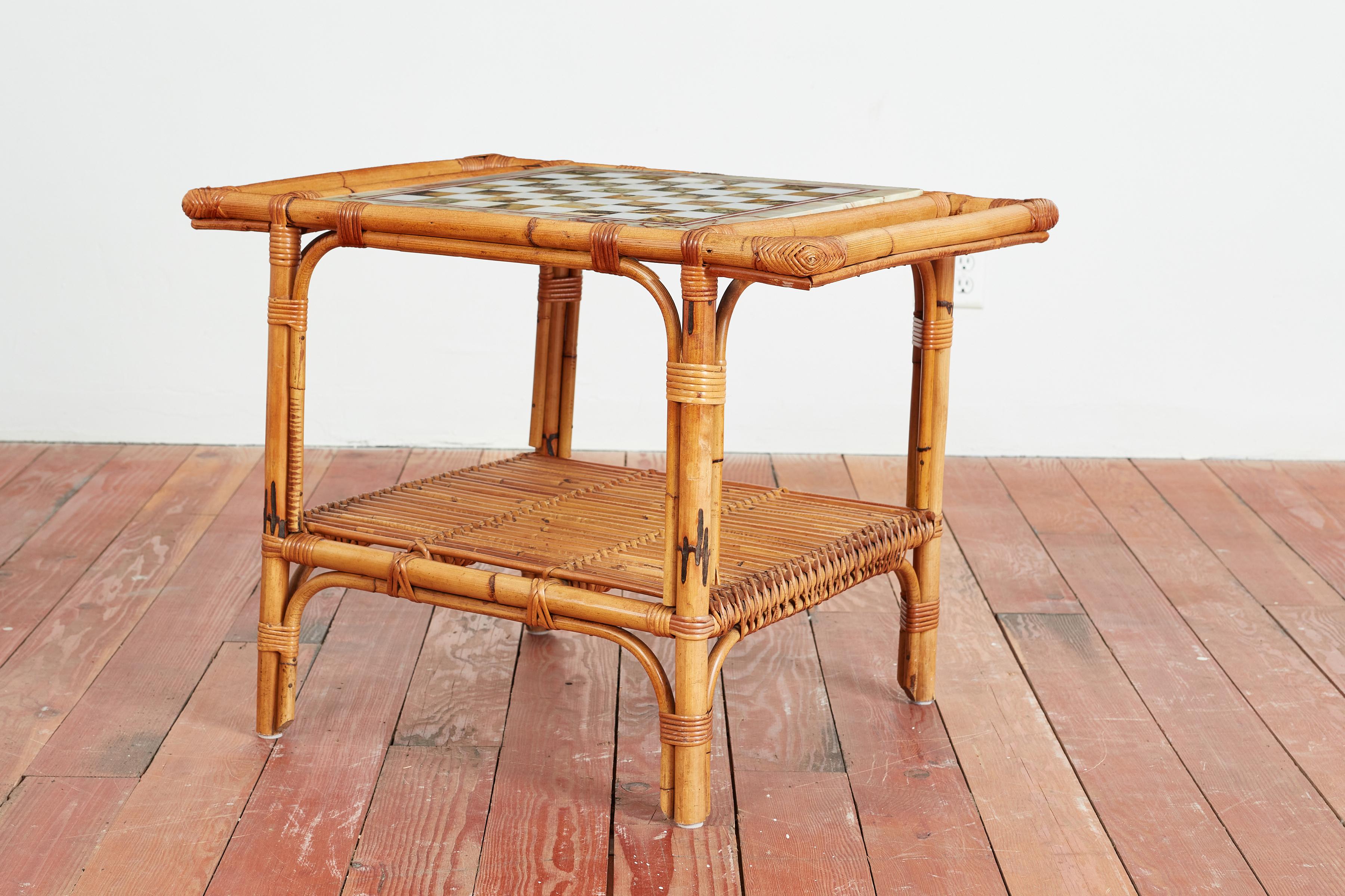 Italian Marble & Bamboo Chess Table For Sale