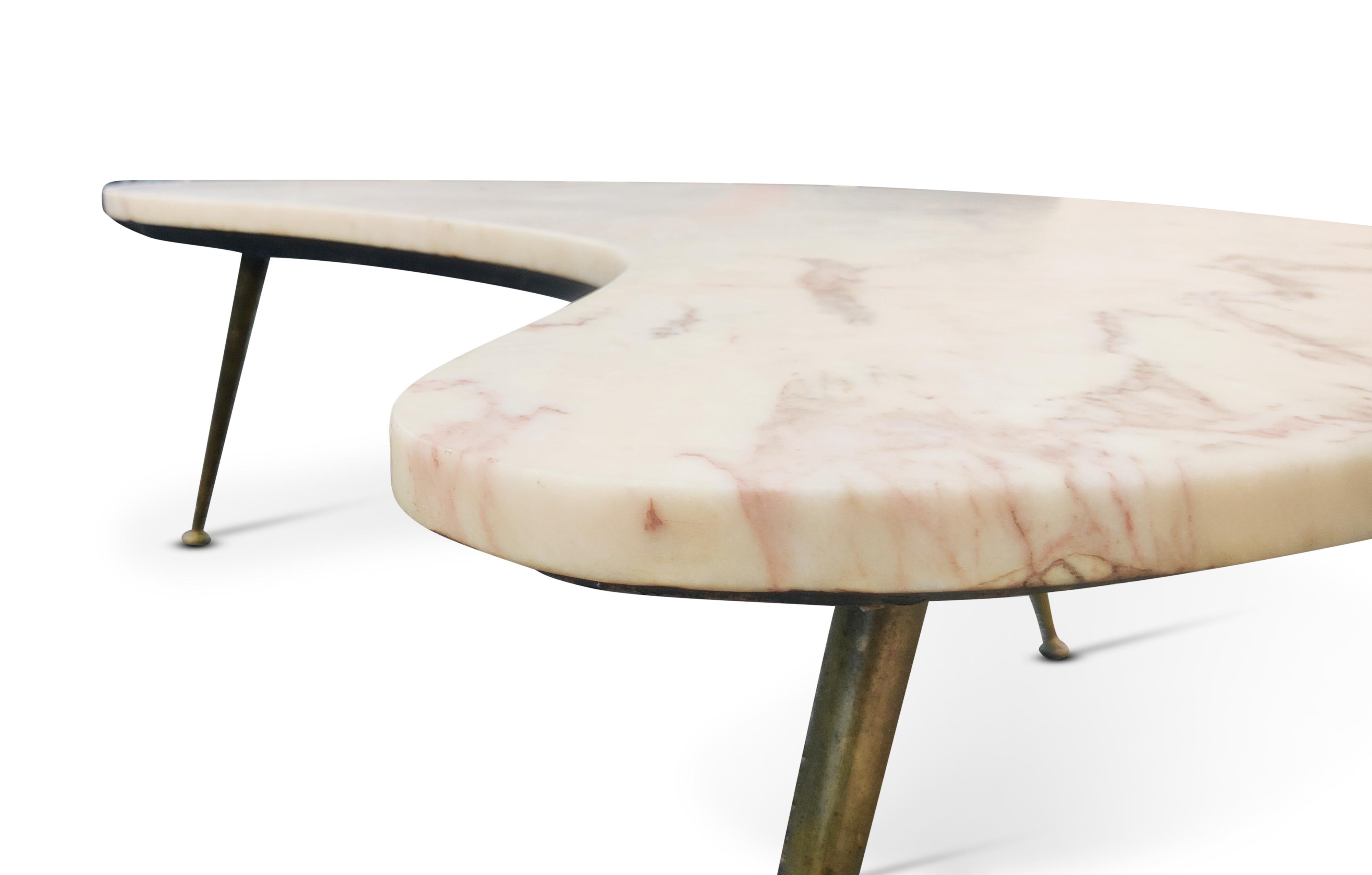 Mid-20th Century Italian Marble Boomerang Top Brass Tri-Leg Coffee Table 1950s Mid-Century Modern