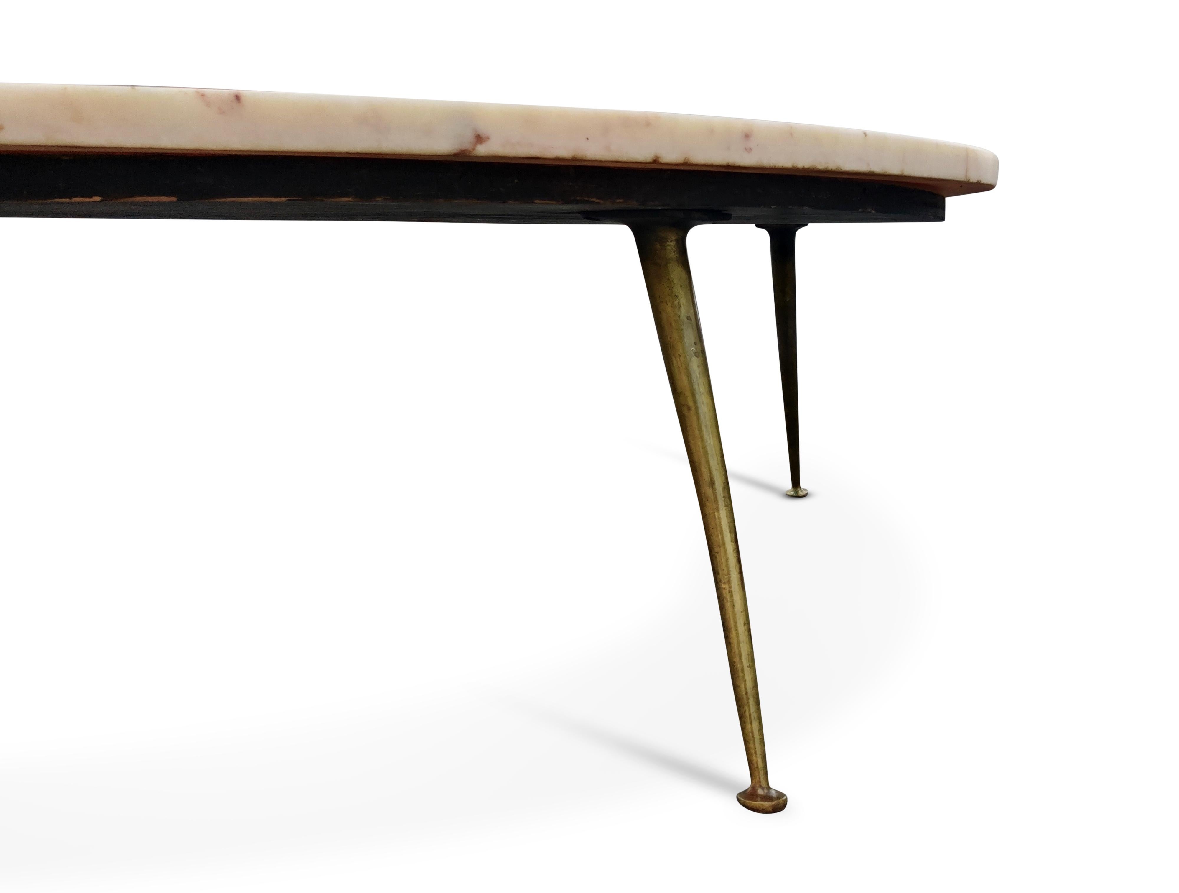 Italian Marble Boomerang Top Brass Tri-Leg Coffee Table 1950s Mid-Century Modern 1
