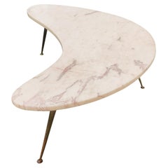 Italian Marble Boomerang Top Brass Tri-Leg Coffee Table 1950s Mid-Century Modern