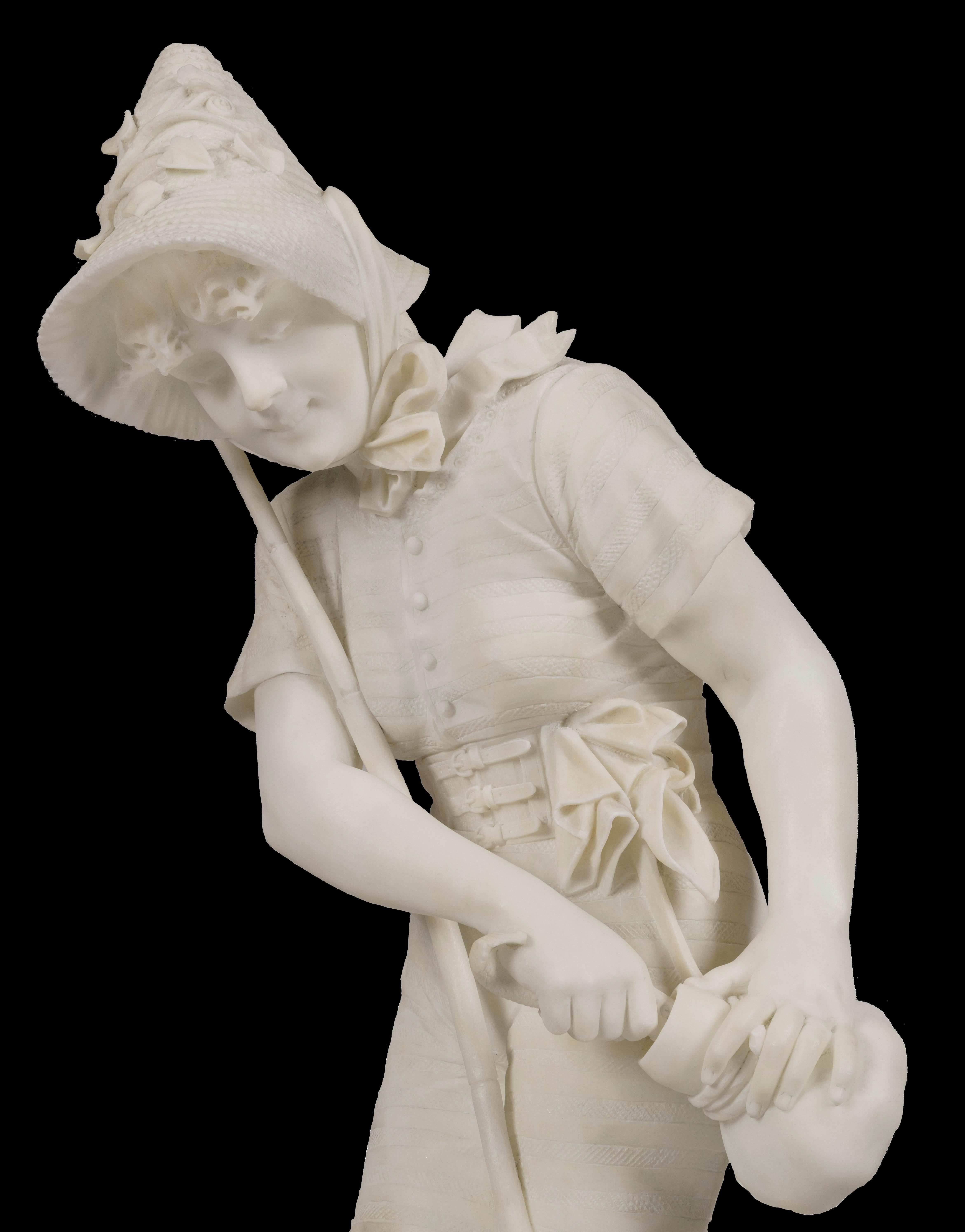 Pescatrice
By Pietro Bazzanti

Carved from lustrous alabaster and rising from a shaped naturalistic base, the figure of the fisherwoman straddling her fishing rod as she saves a fish in her satchel. Her costume and facial features of exceeding