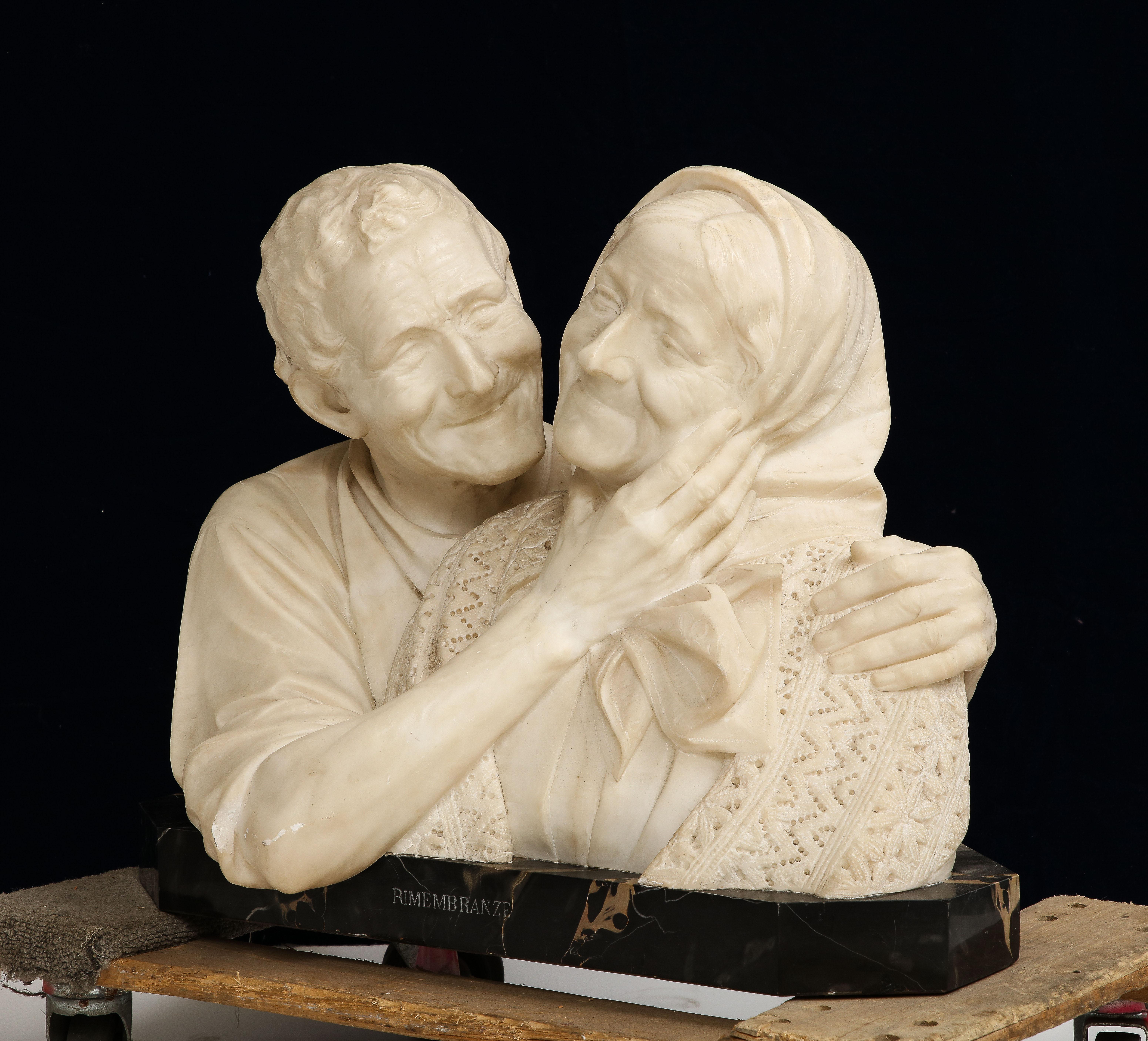 A monumental 19th C. Italian Marble Bust of The Grandparents, Titled: Rimembranze, Signed Vichi. 
 Presenting an exquisite Italian masterpiece from the 1800s, we have a captivating white Carrara marble bust group entitled 