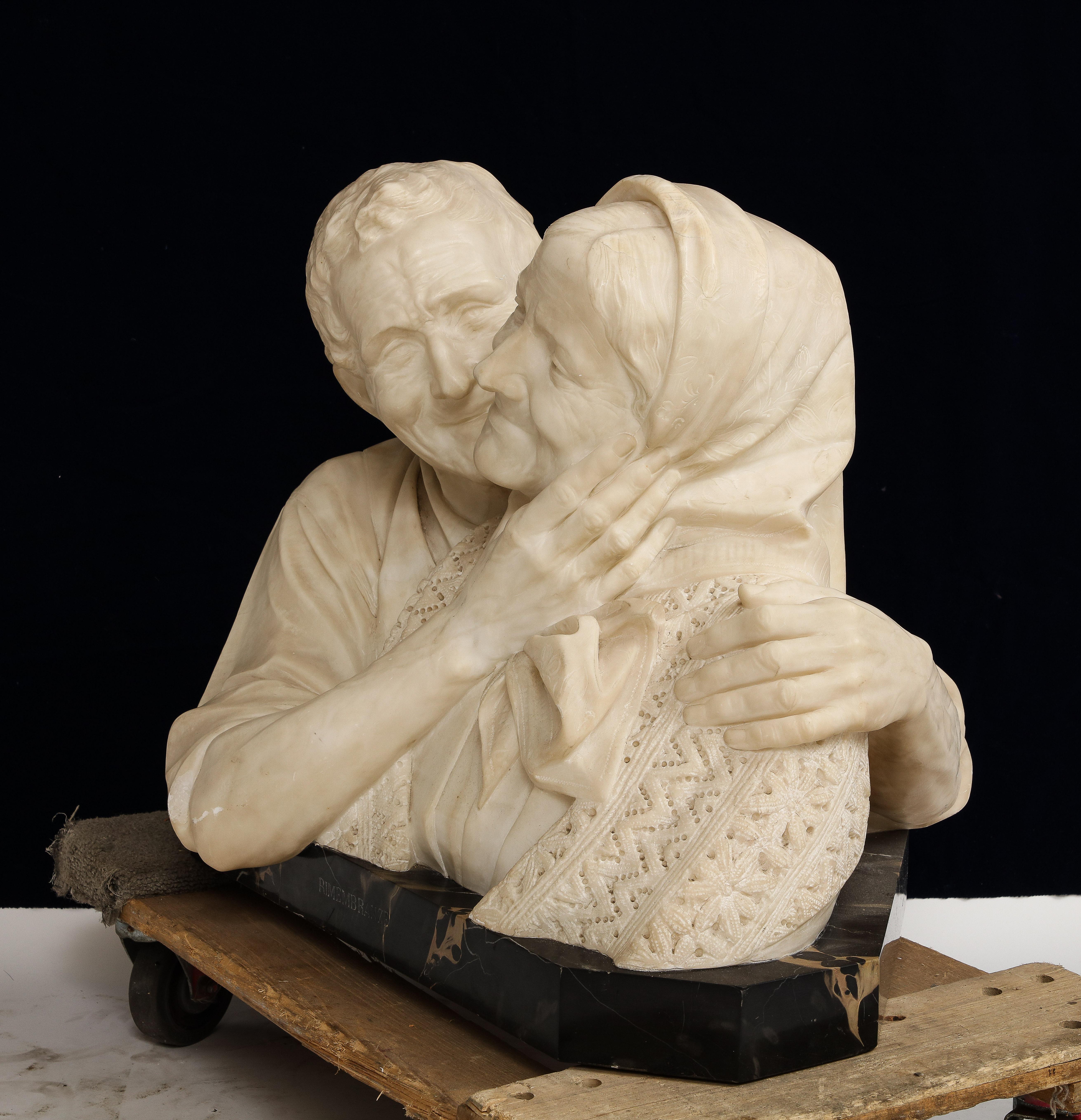 Hand-Carved Italian Marble Bust of The Grandparents, Titled: Rimembranze, Signed Vichi For Sale