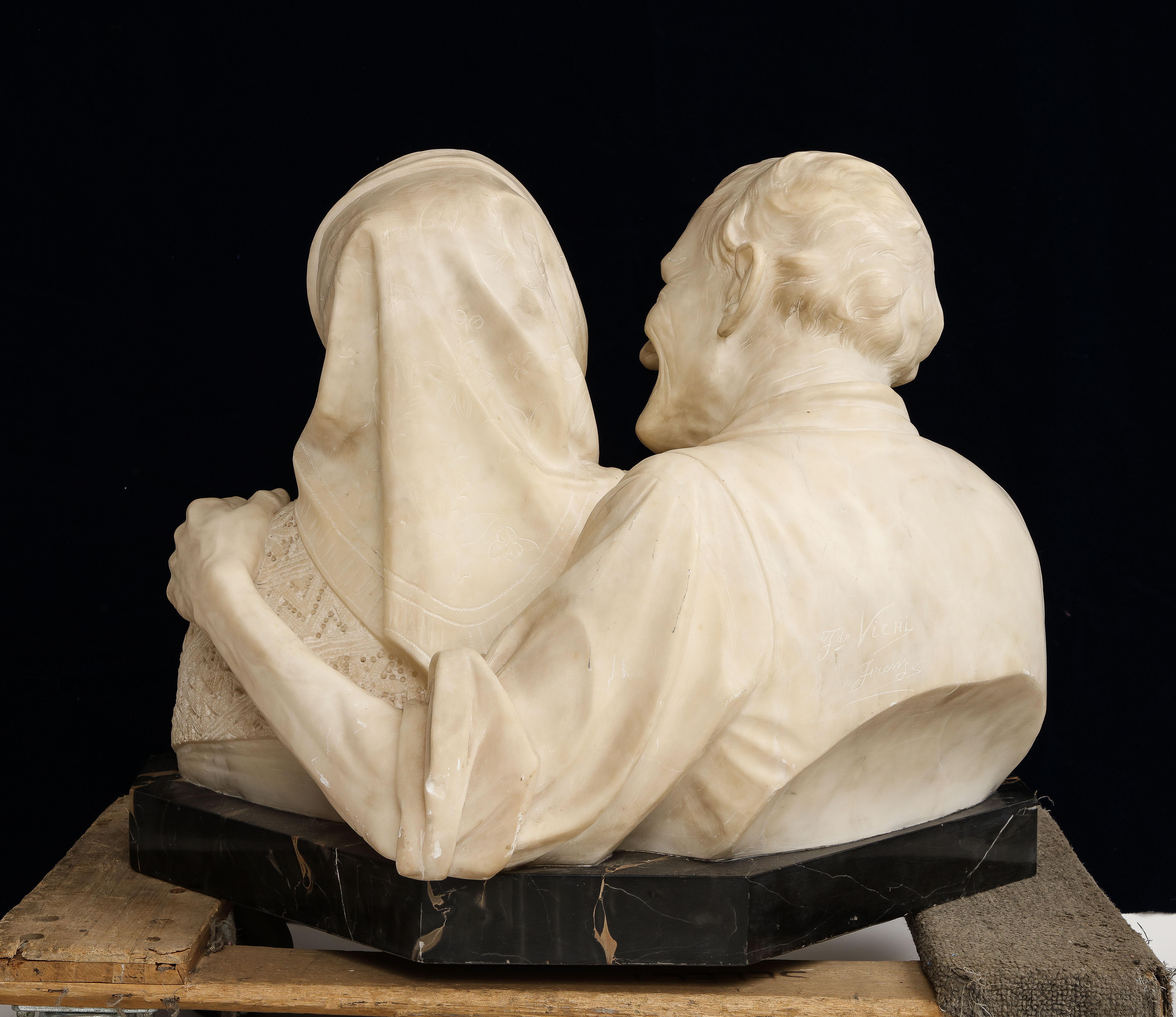19th Century Italian Marble Bust of The Grandparents, Titled: Rimembranze, Signed Vichi For Sale