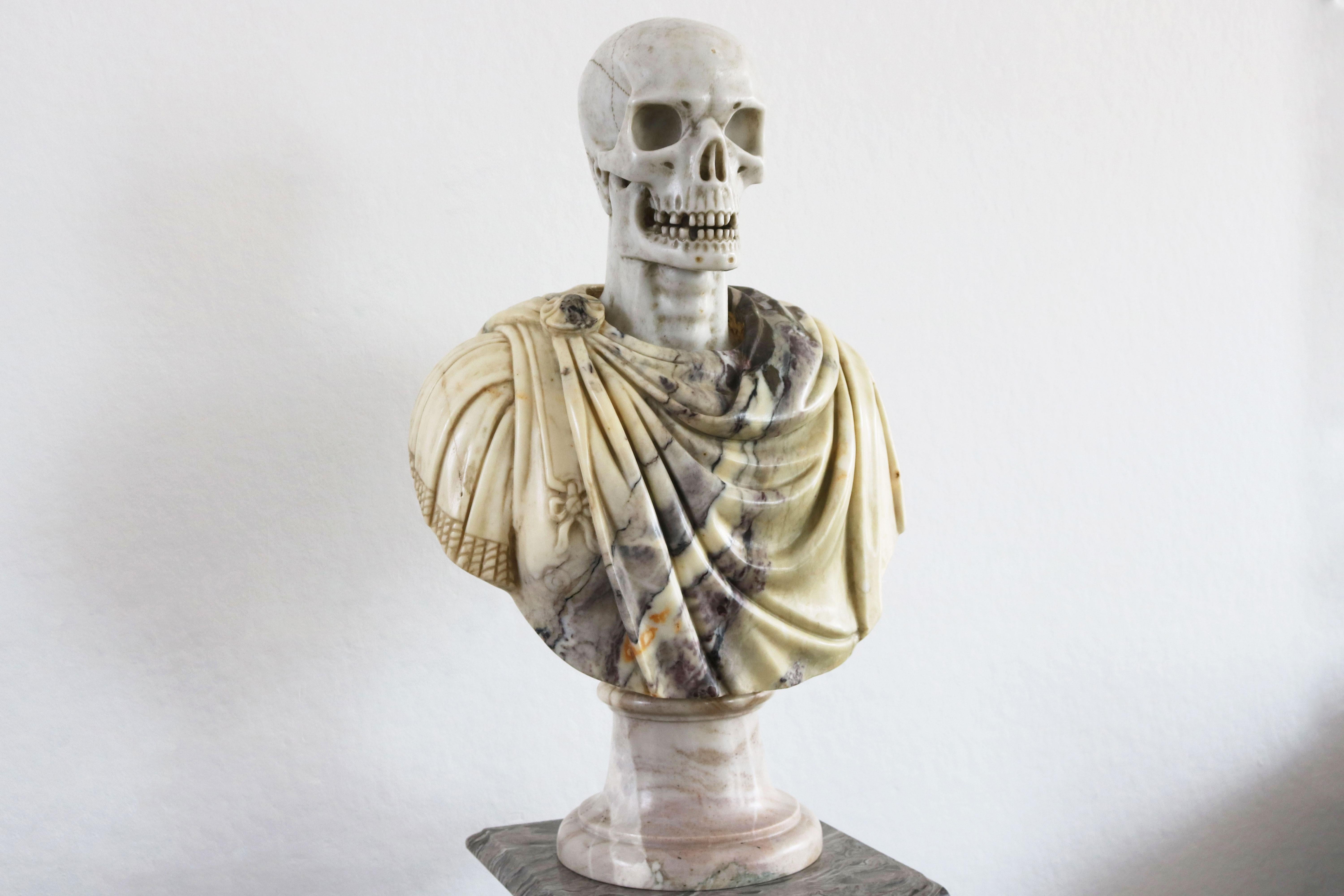 Masterfully carved Italian Vanitas bust in solid marble from late 19th century. 
White Carrara marble skull combined with a Pavonazzetto marble Roman toga (robe). 
We have seen many marble sculptures during our lifetime but this one is simply