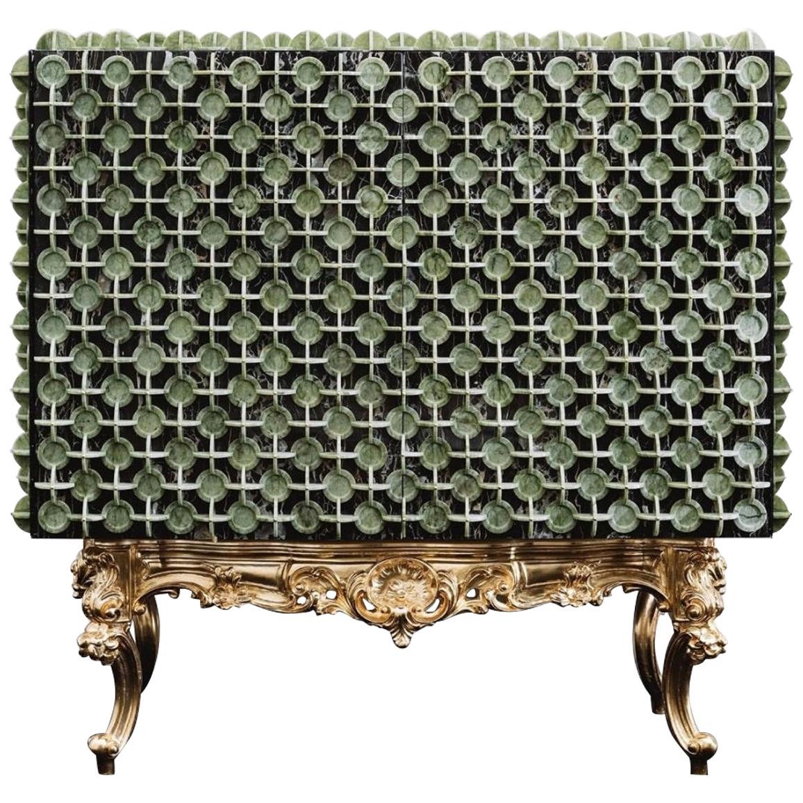 Italian Marble Cabinet in Nero Portoro Marble & Verde Ming with Brass Details For Sale