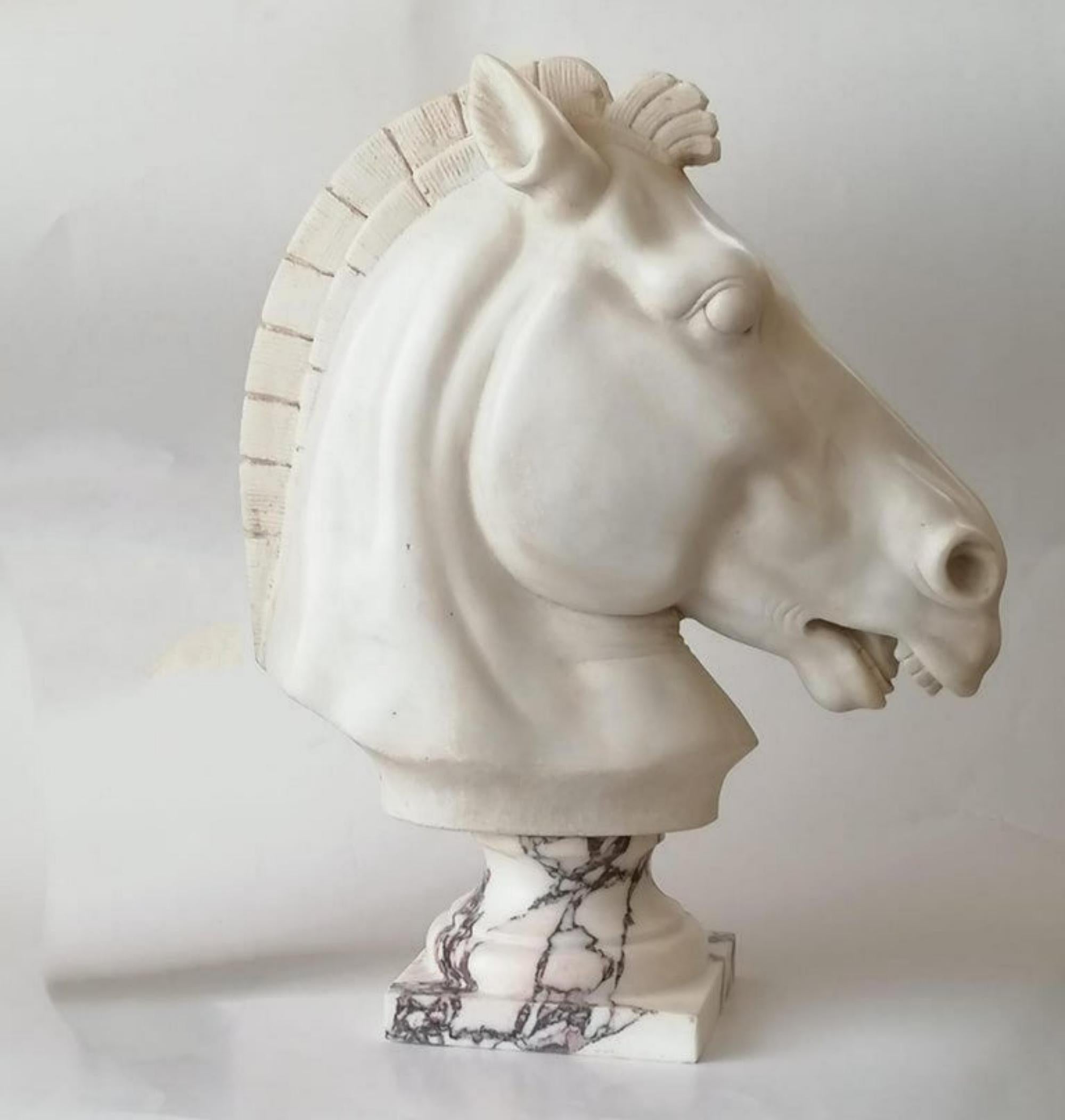 Sculpture de tête de cheval sur marbre blanc de Carrare d'un cheval de style classique posé sur un socle tourné en marbre de Carrare. 
Début du 20e siècle.
Dimensions : y compris la base : H 46 x 37 x 15 cm. 
Bon état - utilisé avec de petits signes