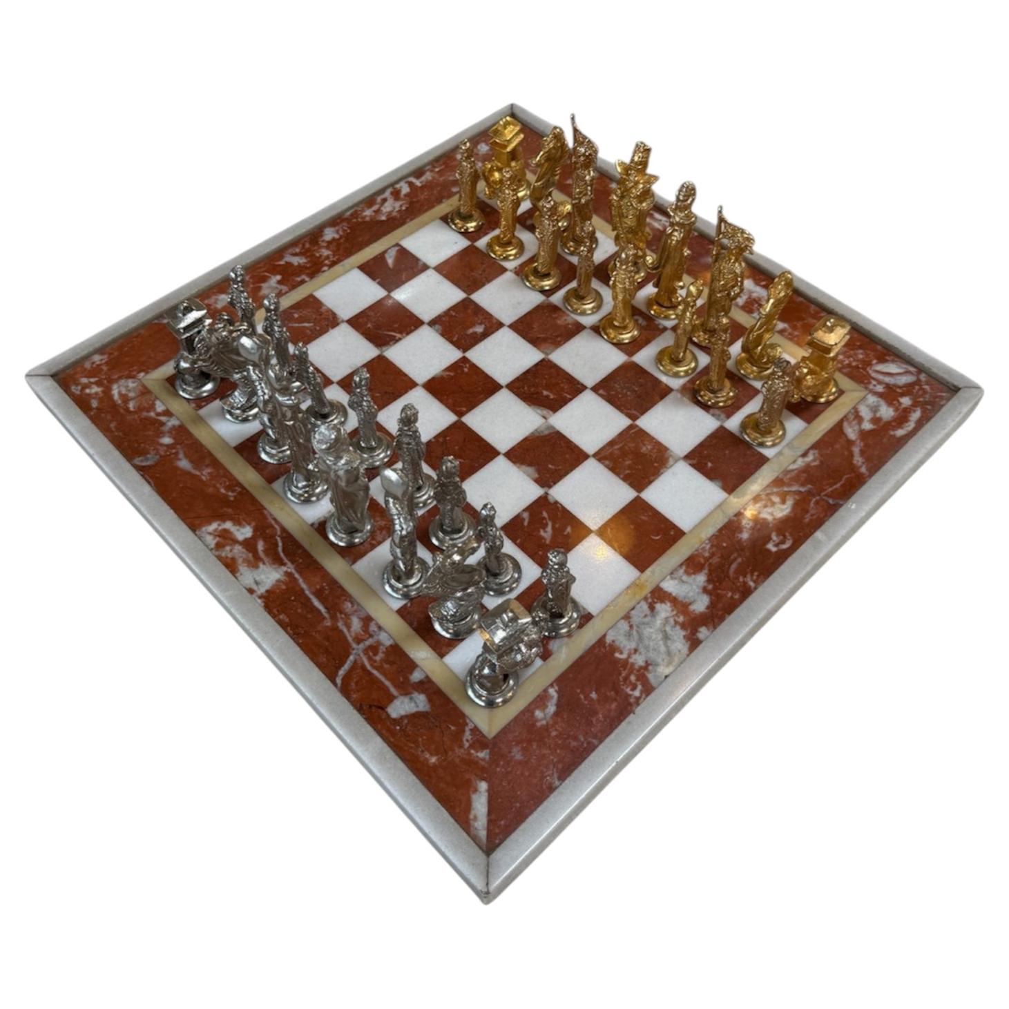 Italian Marble Chess Set with Figural Metal Pieces