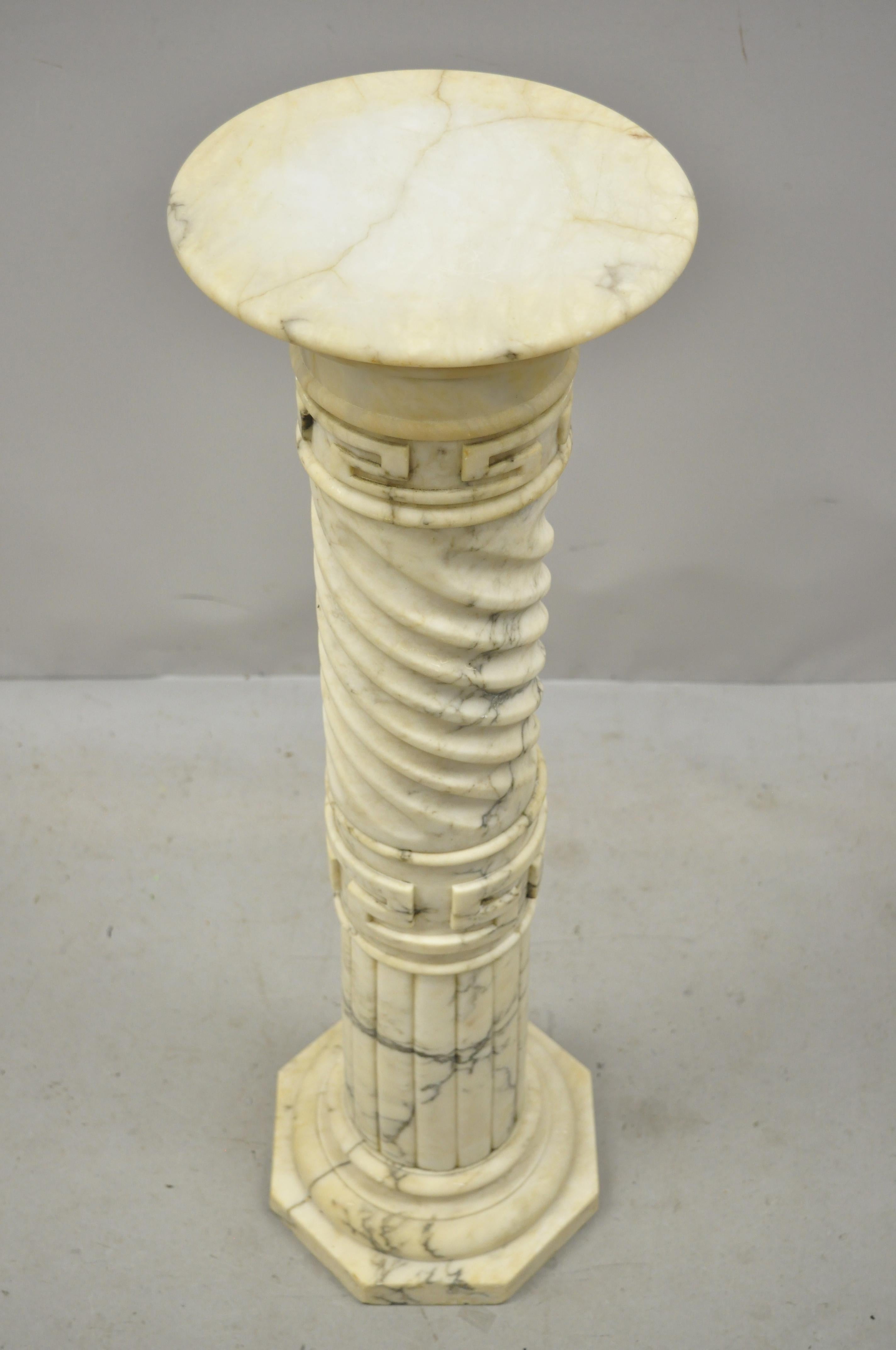 Classical Greek Italian Marble Classical Spiral Carved Greek Key Column Pedestal Plant Stand For Sale