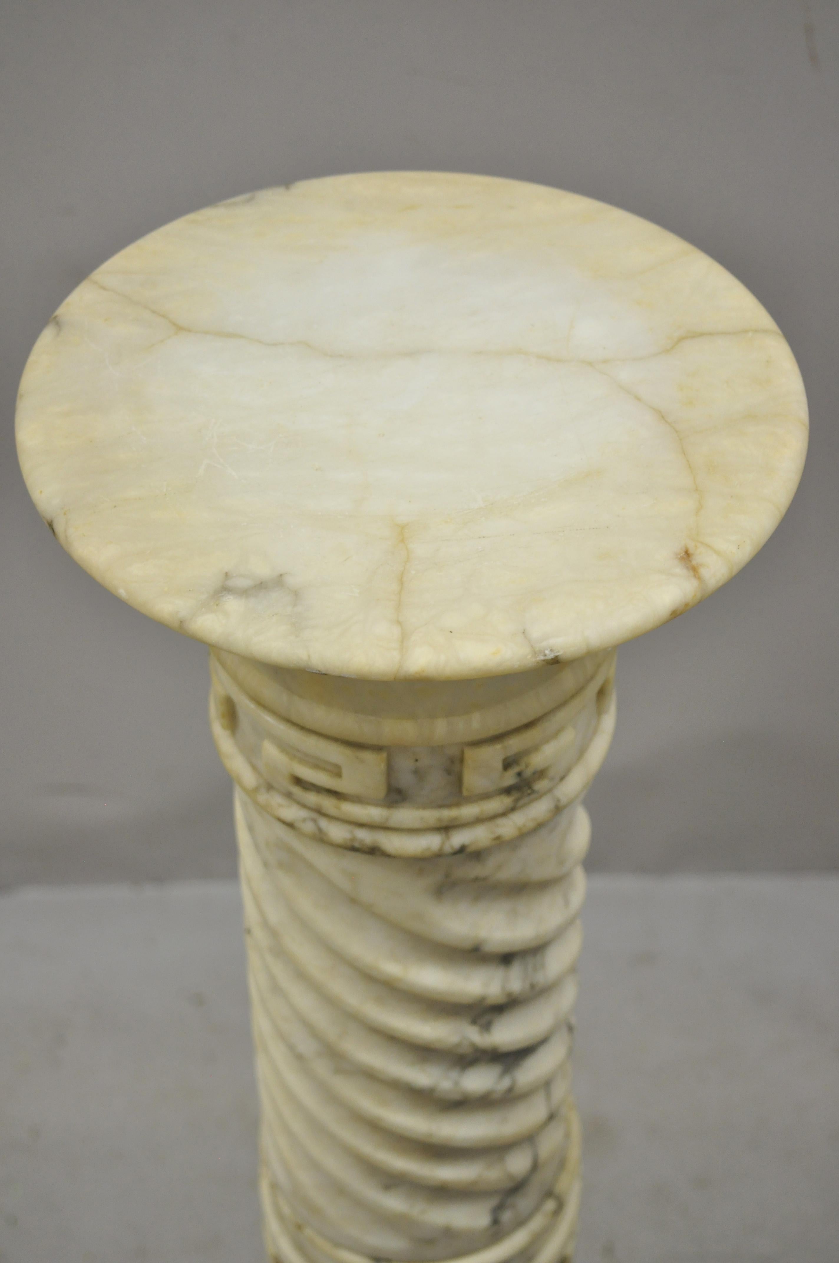 Italian Marble Classical Spiral Carved Greek Key Column Pedestal Plant Stand In Good Condition For Sale In Philadelphia, PA