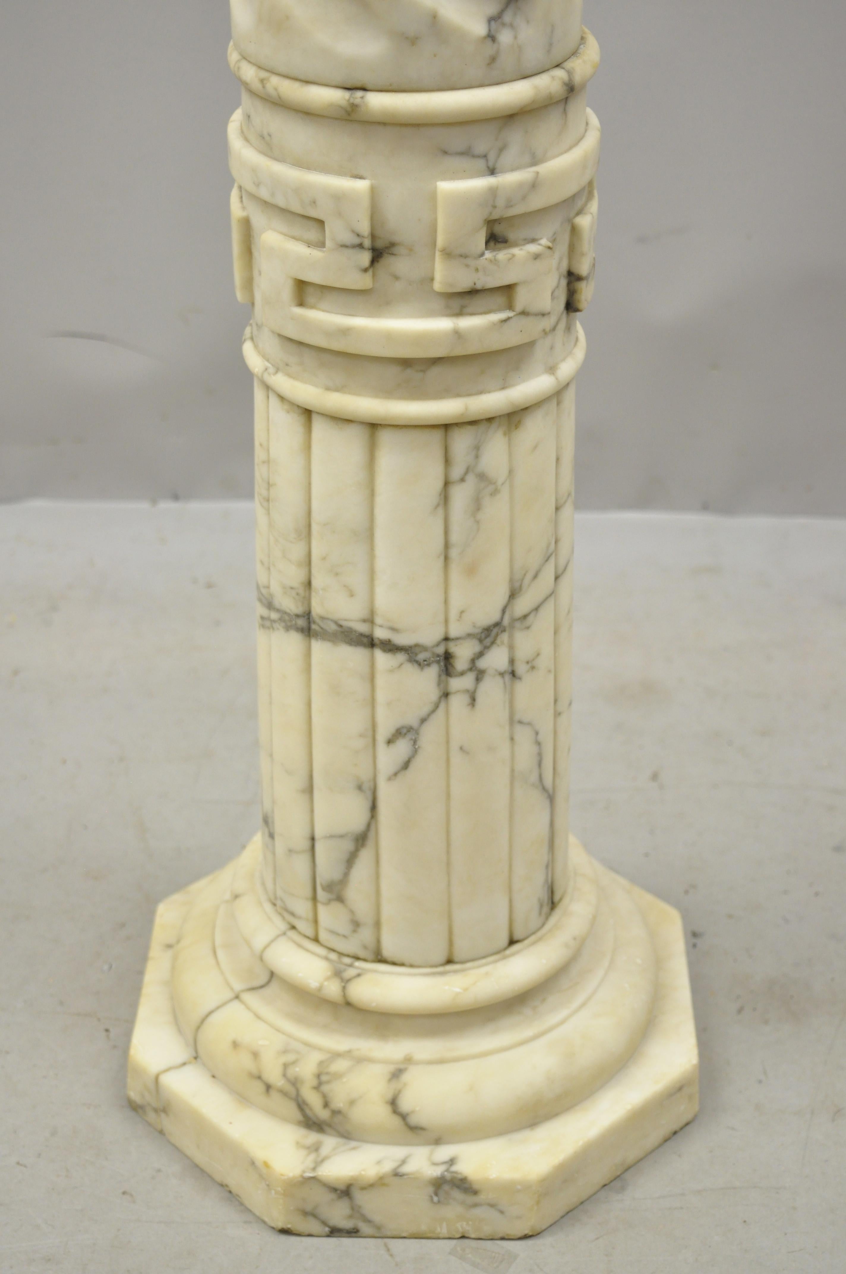 Italian Marble Classical Spiral Carved Greek Key Column Pedestal Plant Stand For Sale 1