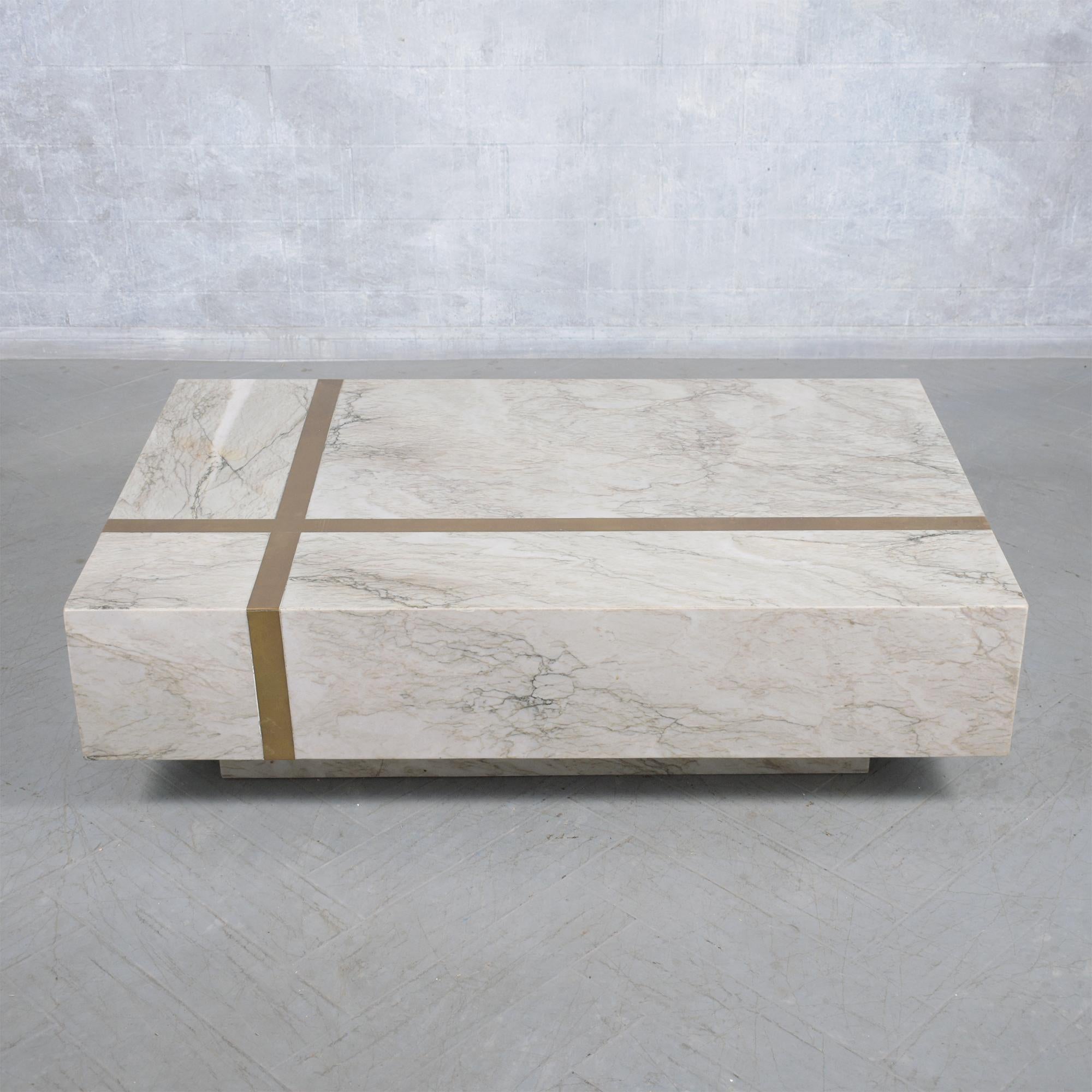 Mid-Century Modern Italian Marble Cocktail Table with Brass Molding and Floating Base For Sale