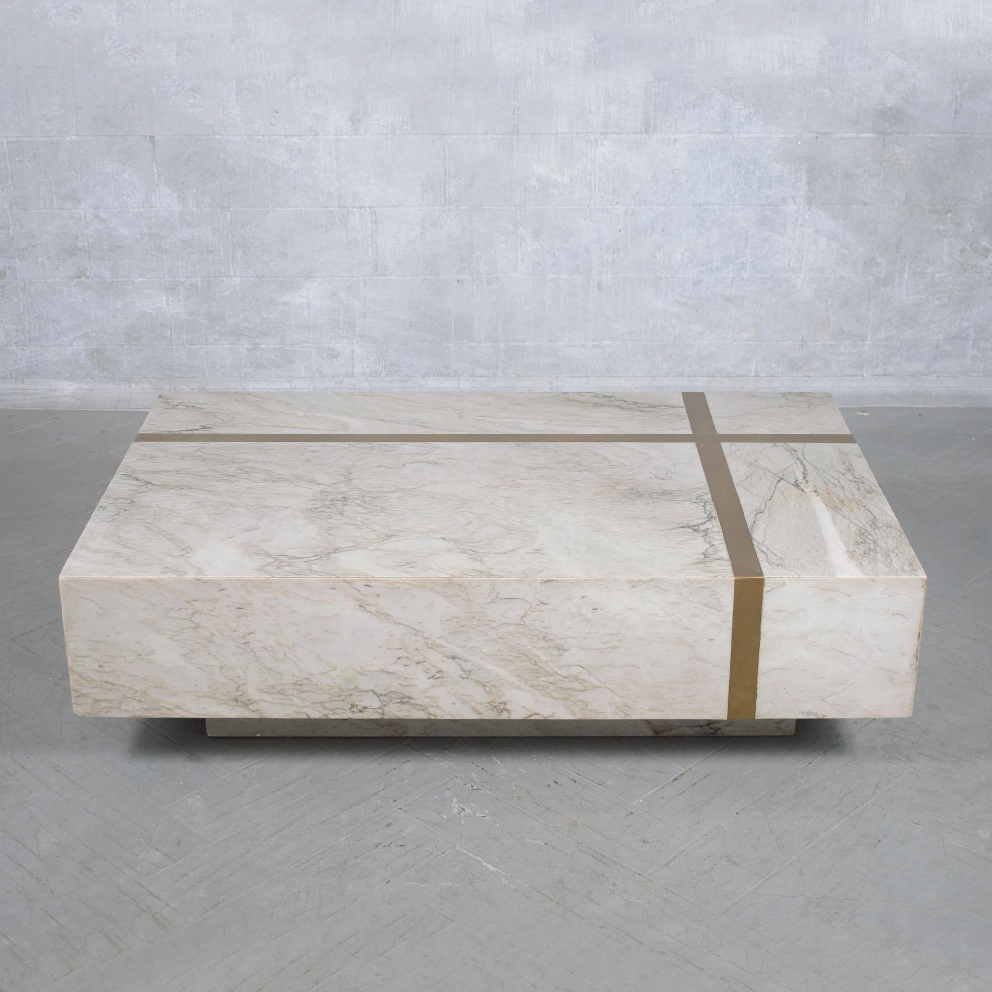 Italian Marble Cocktail Table with Brass Molding and Floating Base For Sale 1
