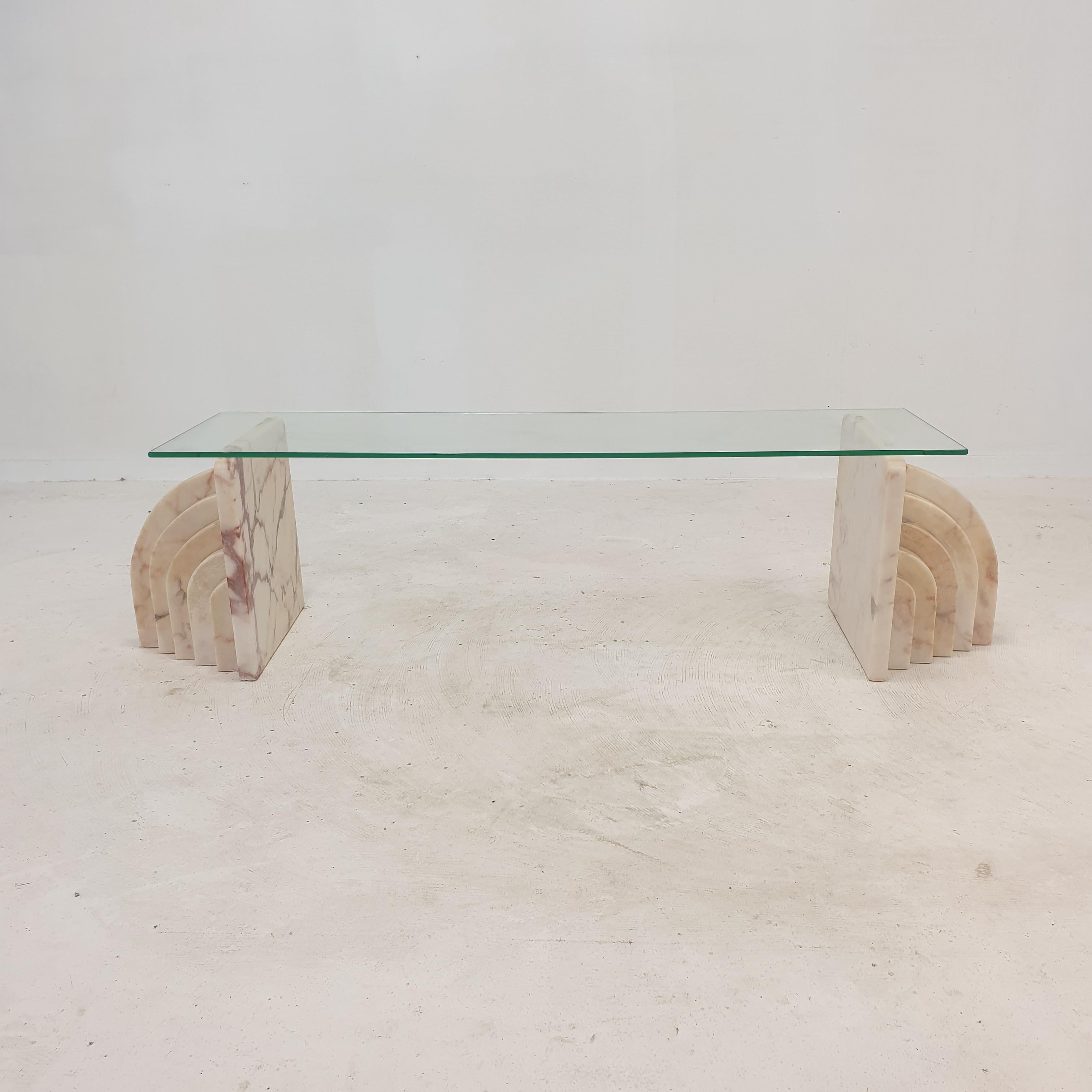 Hand-Crafted Italian Marble Coffee Or Side Table With Glass, 1970s For Sale