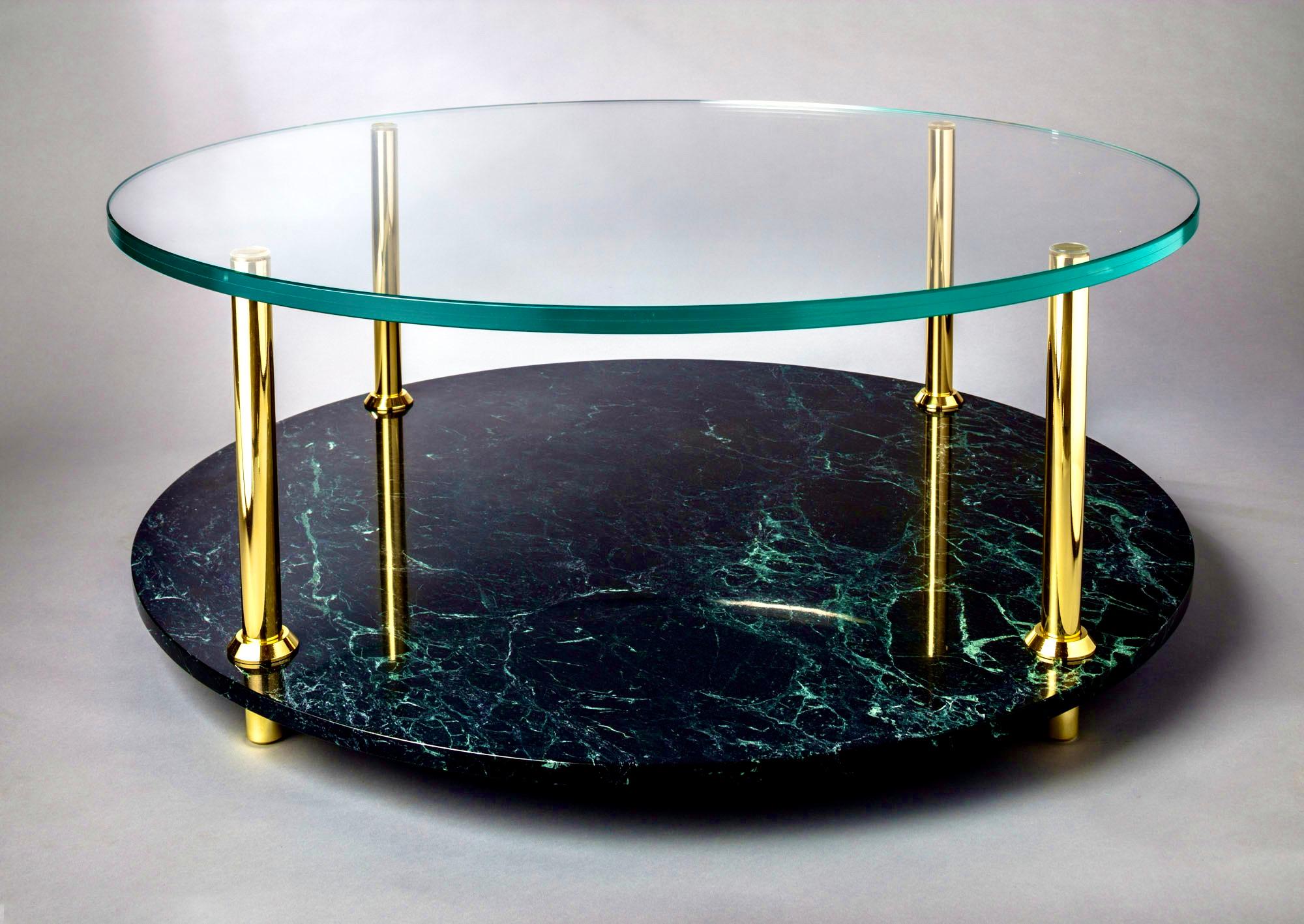 Art Deco Coffee Table With Italian Marble Base Glass Top And Solid Brass Legs For Sale
