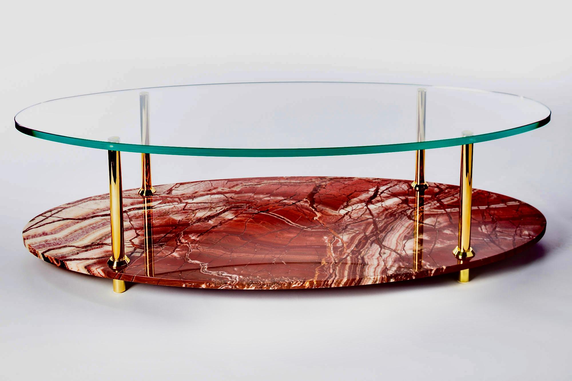 Hand-Crafted Coffee Table With Italian Marble Glass Top And Solid Brass Legs For Sale