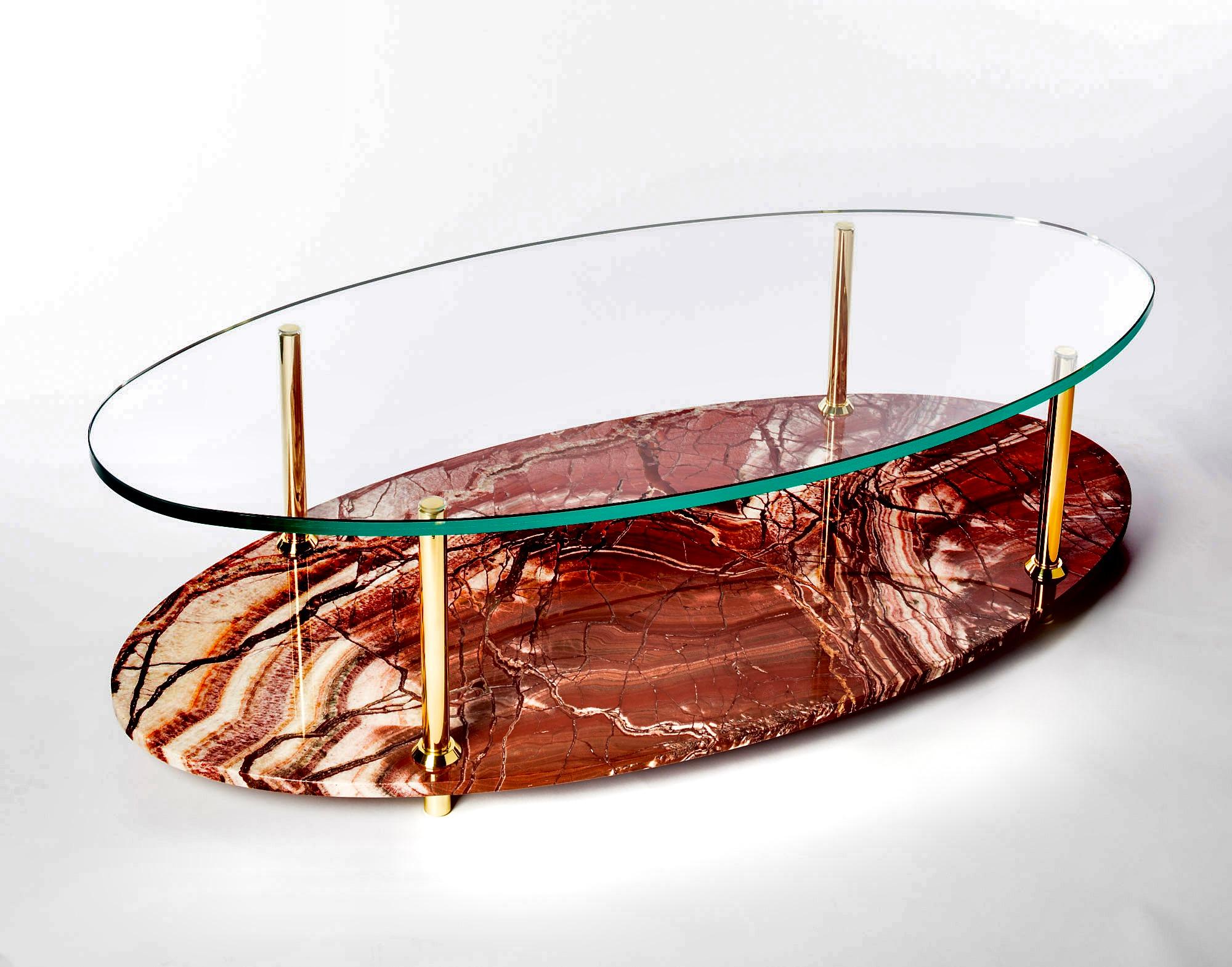 Contemporary Coffee Table With Italian Marble Glass Top And Solid Brass Legs For Sale