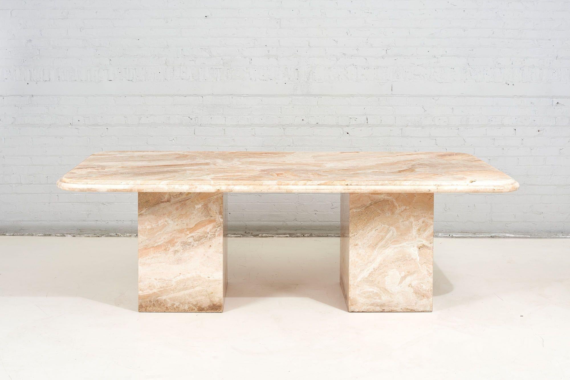 Breccia Oniciata marble double pedestal dining table, 1970. Italy.  Beautiful golden beige tones