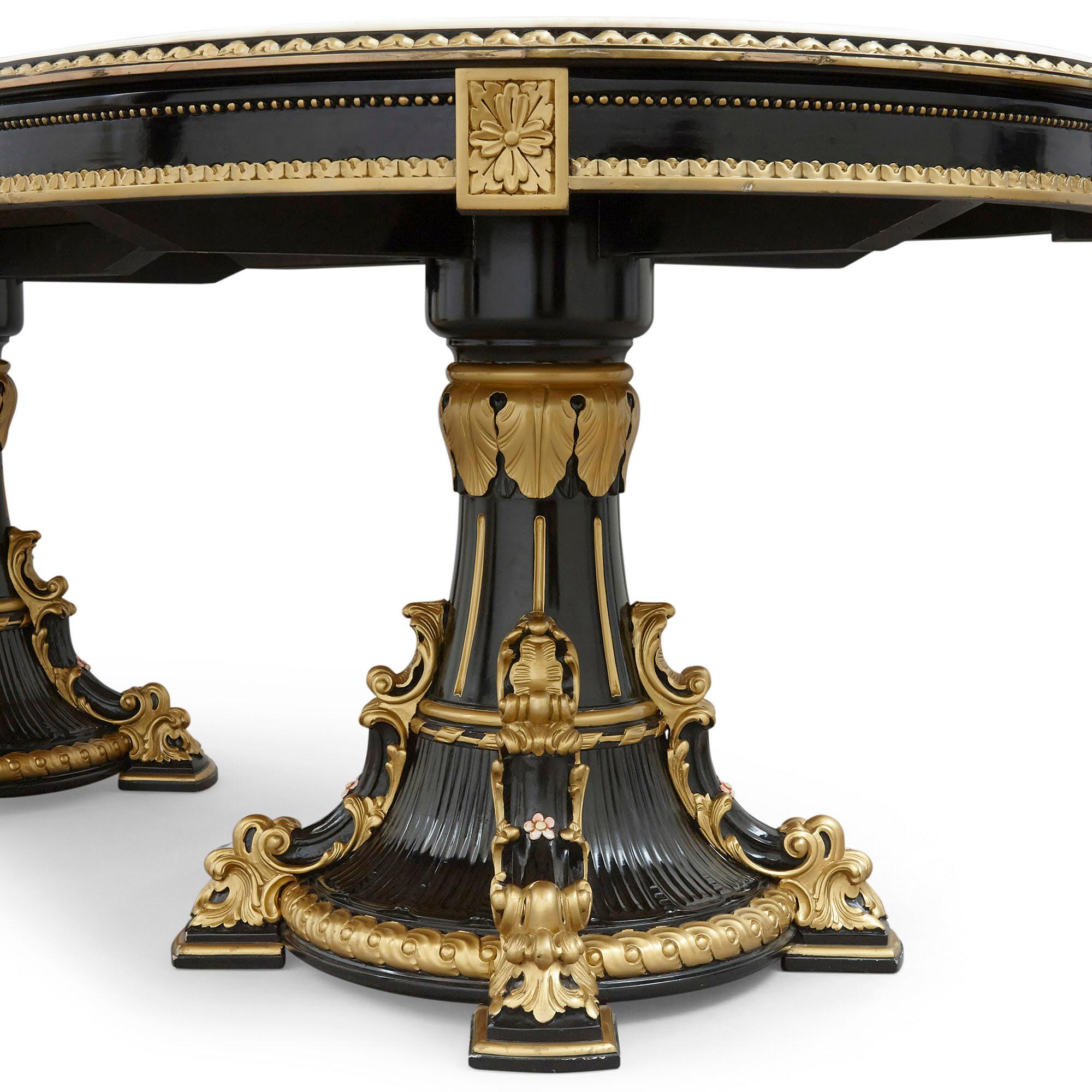 Neoclassical Italian Marble, Ebonised and Gilt Wood Dining Table For Sale