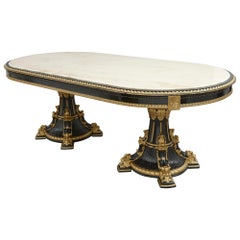 Table de salle à manger italienne en marbre, bois ébénisé et bois doré