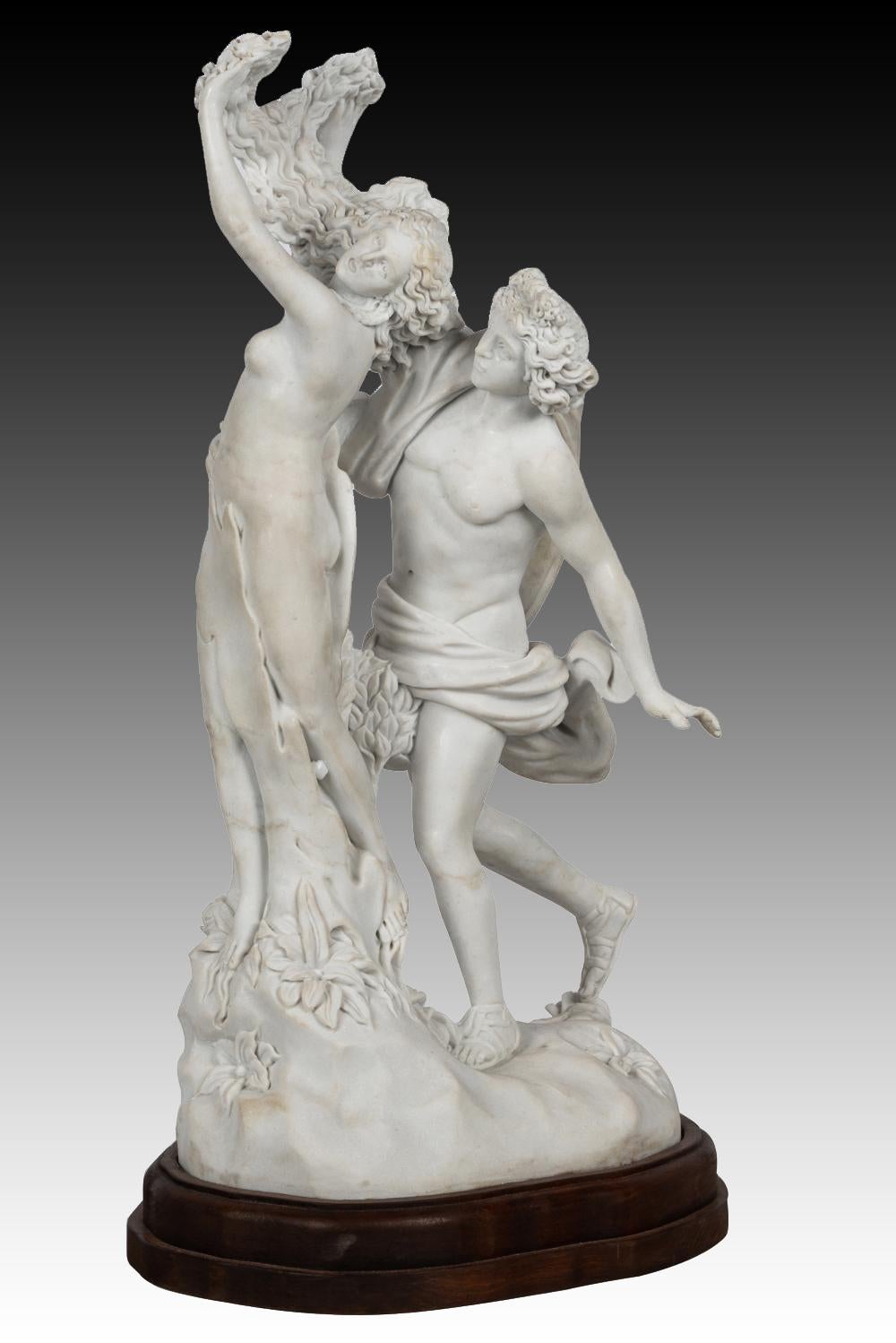Impressive Italian hand carved white marble figure of a man behind a semi nude standing woman in a very romantic scene. unsigned.
Meticulous attention has been given to every details.. resting on carved wooden base 
Modeled after Bernini's 'Apollo