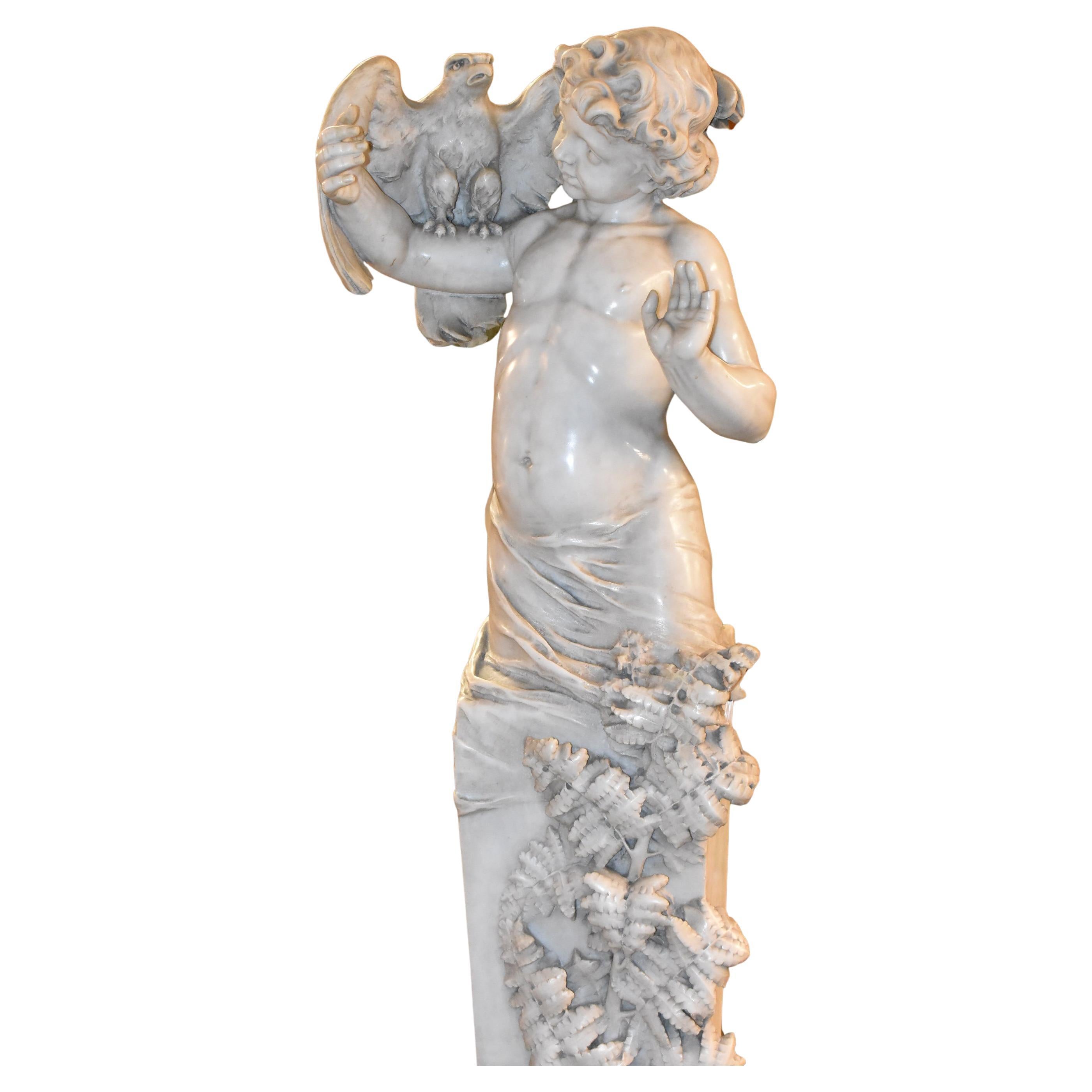 Italienische Marmormündungsstatuefigur aus Marmor, 75" hoch, 1920er Jahre, Kind mit Vogel im Angebot