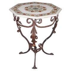 Italian Marble Inlaid Pietra Dura Octagonal Wrought Iron End Table 1950