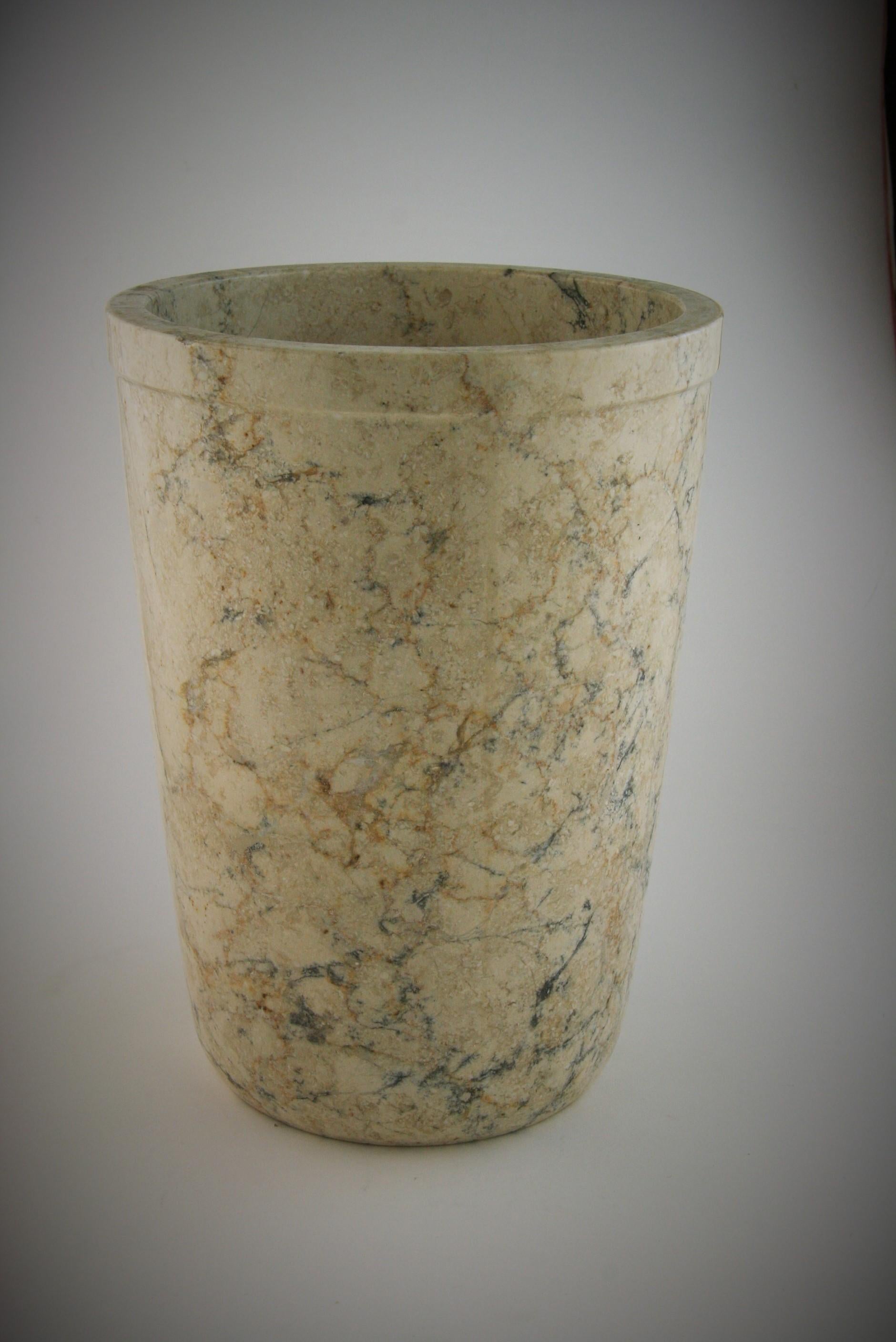 8-237 polished Italian marble Minimalist tapered vase/wine cooler with earth tone and black veining
Polished on interior.