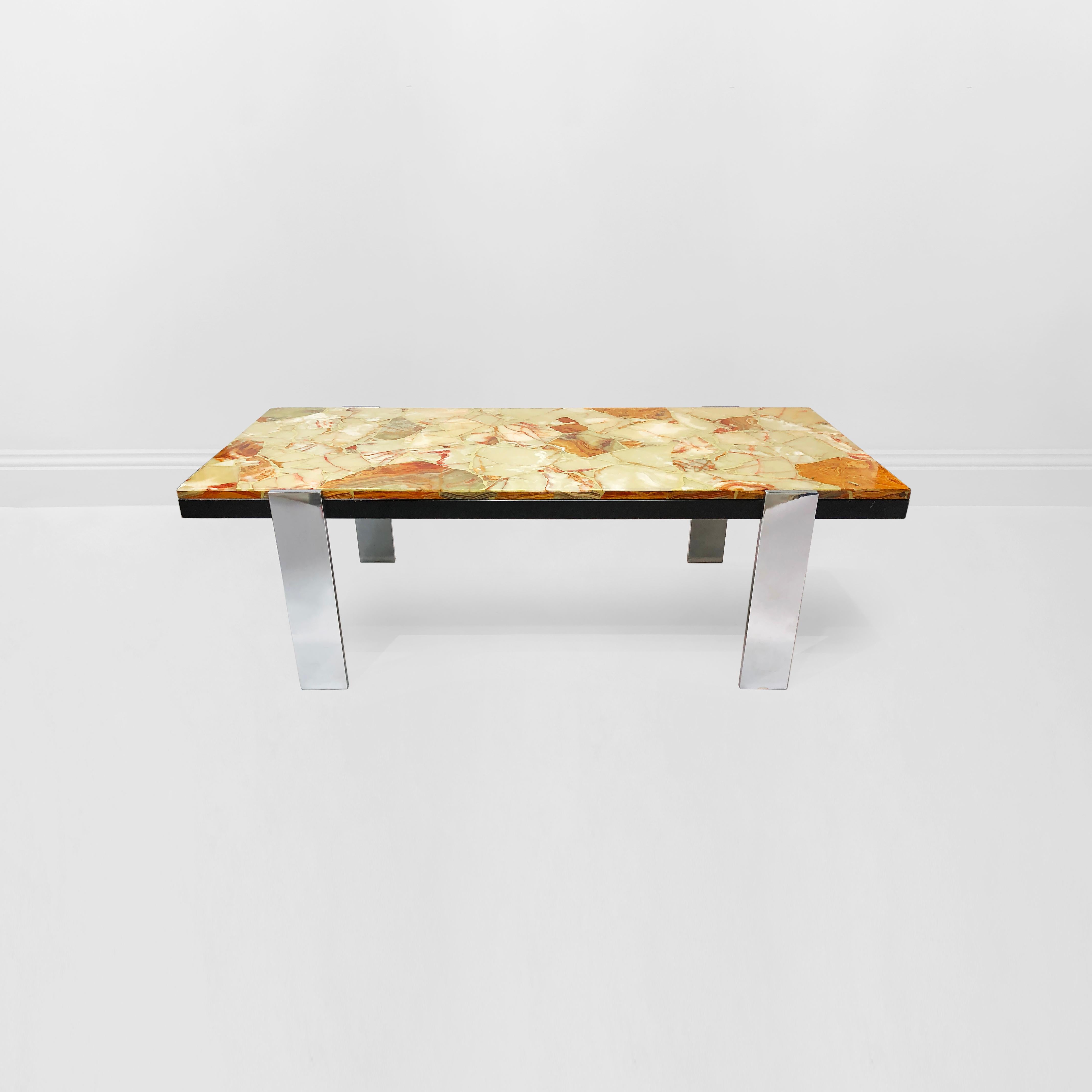 Italian Marble Mosaic and Steel Coffee Table Hollywood Regency 1970s Midcentury In Good Condition In London, GB