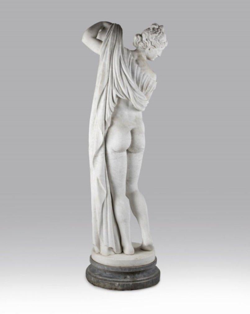 Hand-Carved Italian  Marble Nude Figure Statue On A Grey Marble Base For Sale