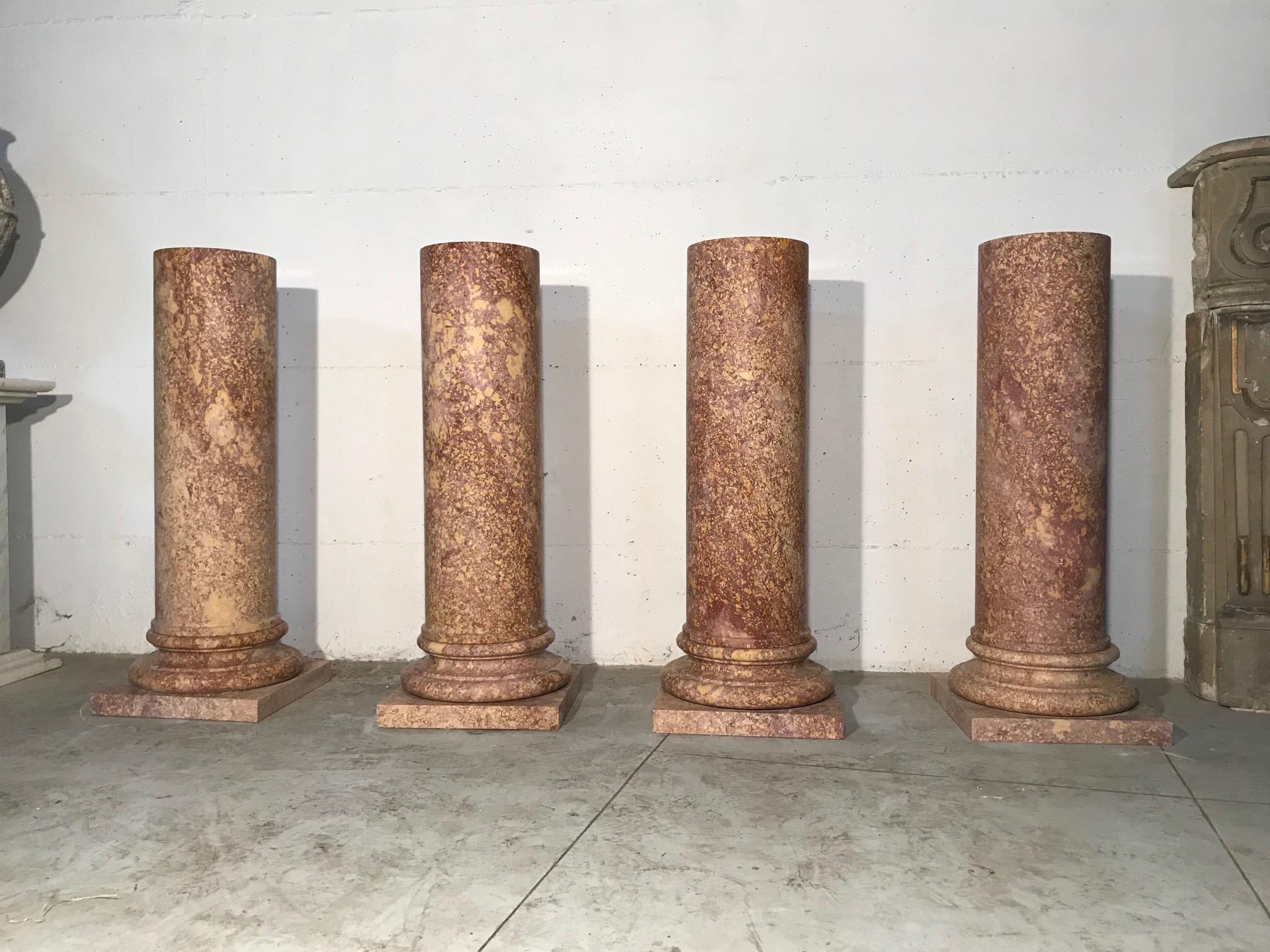 A superb and impressive set of four pedestals made in a specimen marble, know as Broccatello di Spagna made with the proportions and the edge of the Classical Roman style.
This pedestals in the ancient time were made to be the perfect basement for