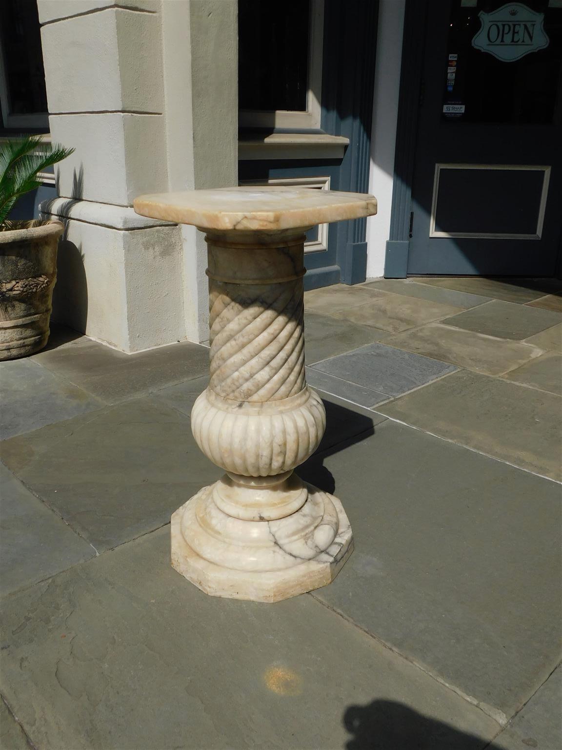 Neoclassical Italian Marble Pedestal with a Fluted & Spiral Column on Octagonal Base C. 1840