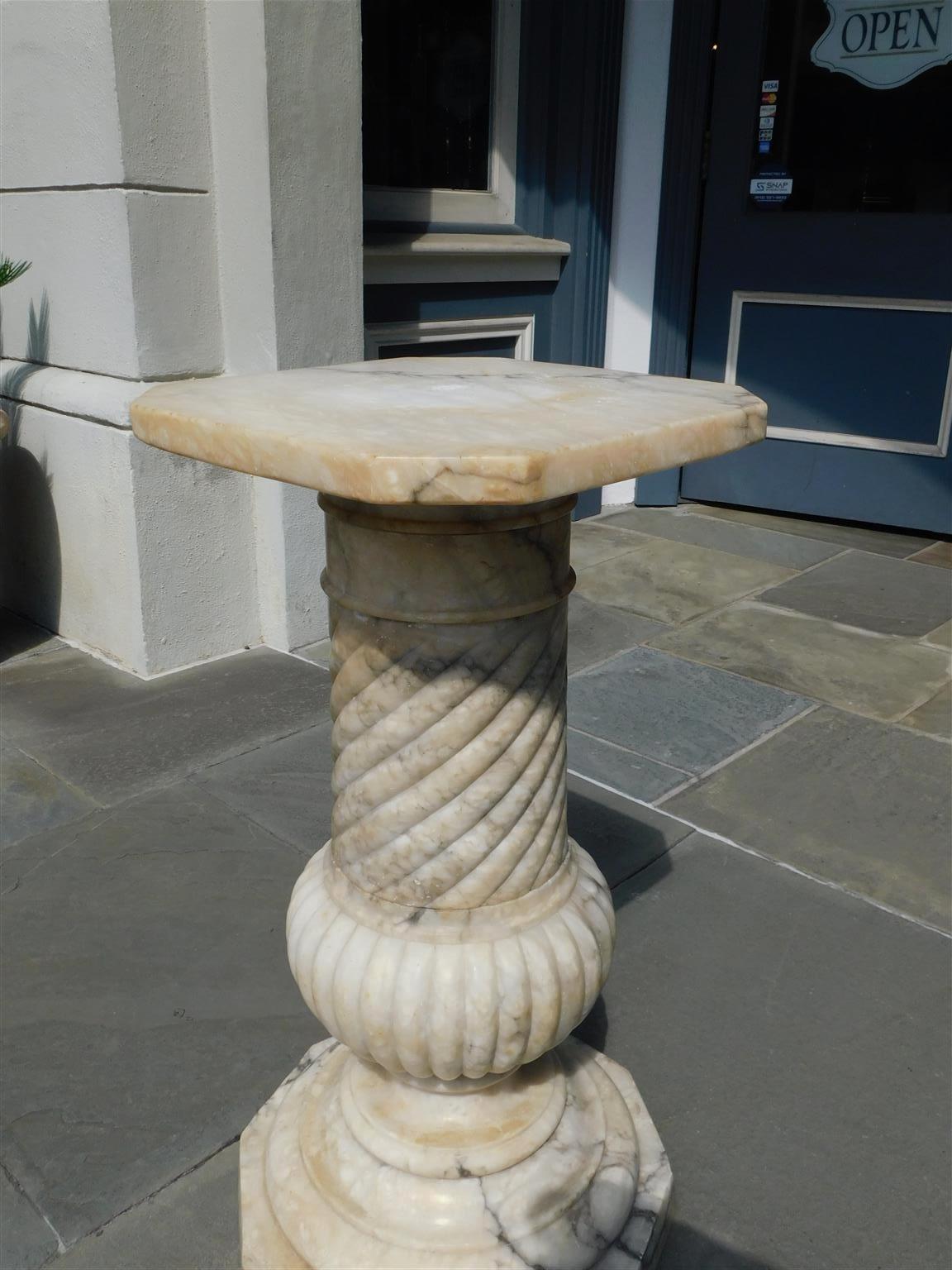 Italian Marble Pedestal with a Fluted & Spiral Column on Octagonal Base C. 1840 In Excellent Condition In Hollywood, SC