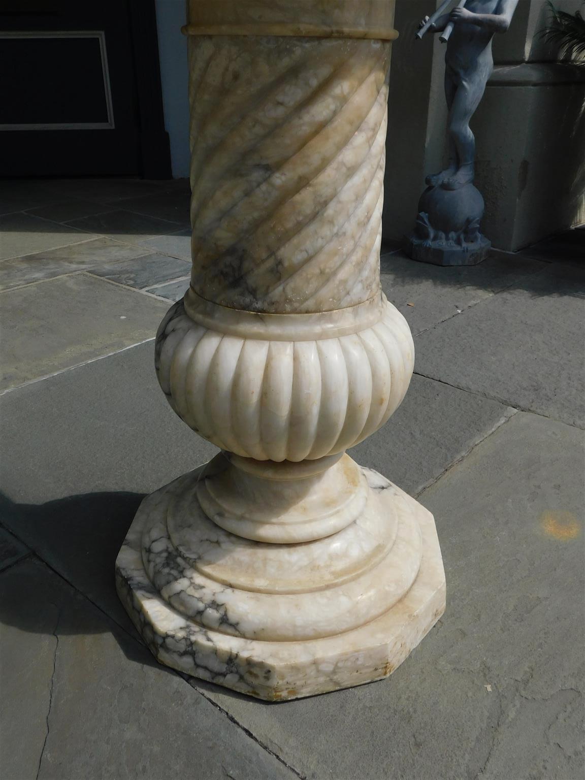 Mid-19th Century Italian Marble Pedestal with a Fluted & Spiral Column on Octagonal Base C. 1840