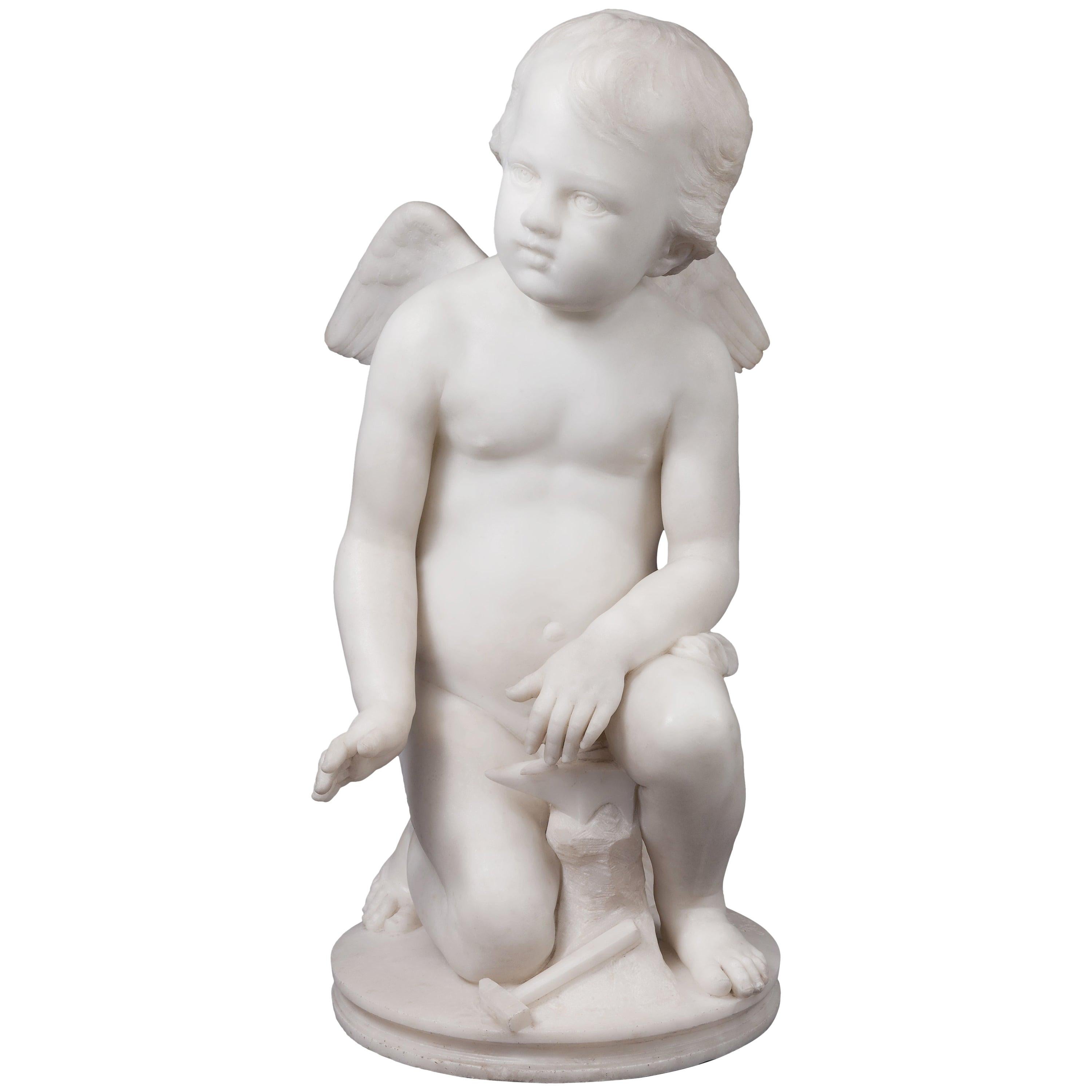 Italian Marble Sculpture of a Cherub Forging Love by  Pio Fedi For Sale