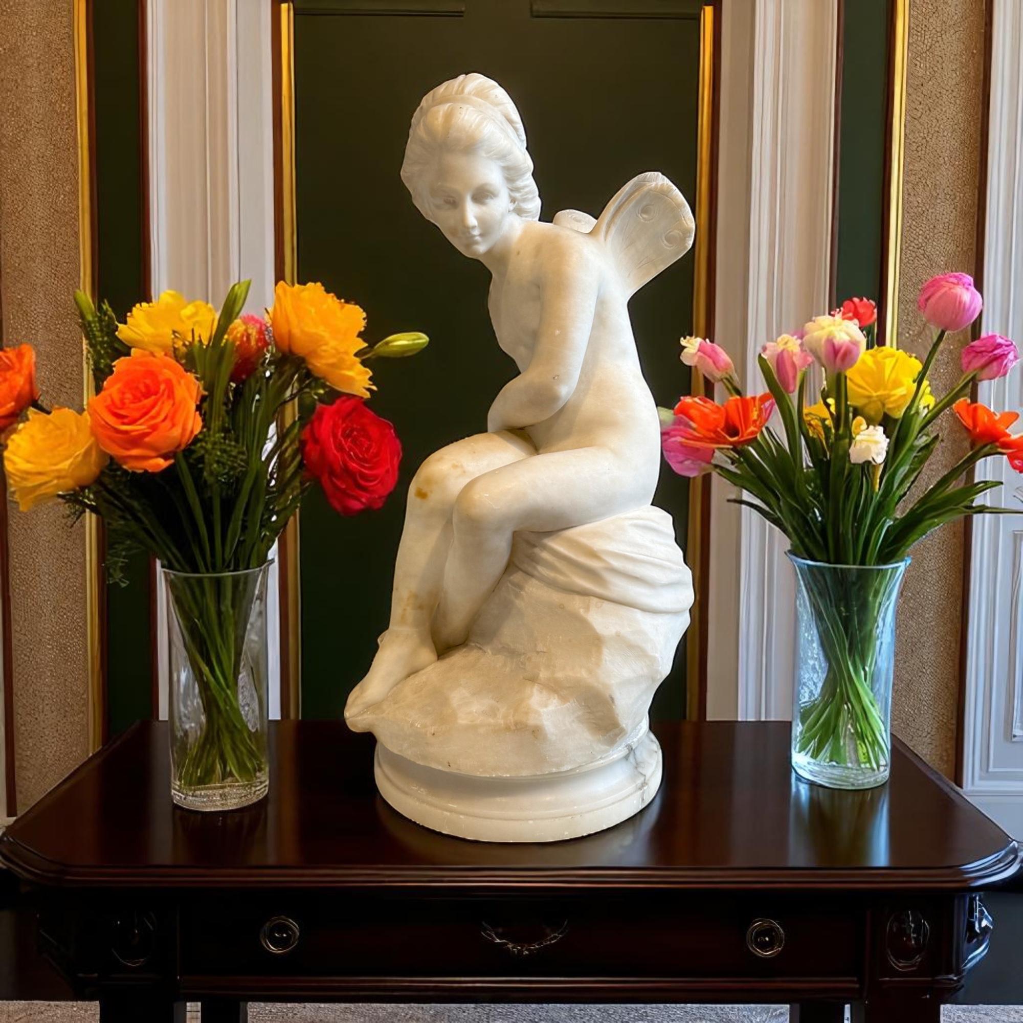 Napoleon III Italian Marble Sculpture of a Seated Winged Figure, 19th Century For Sale