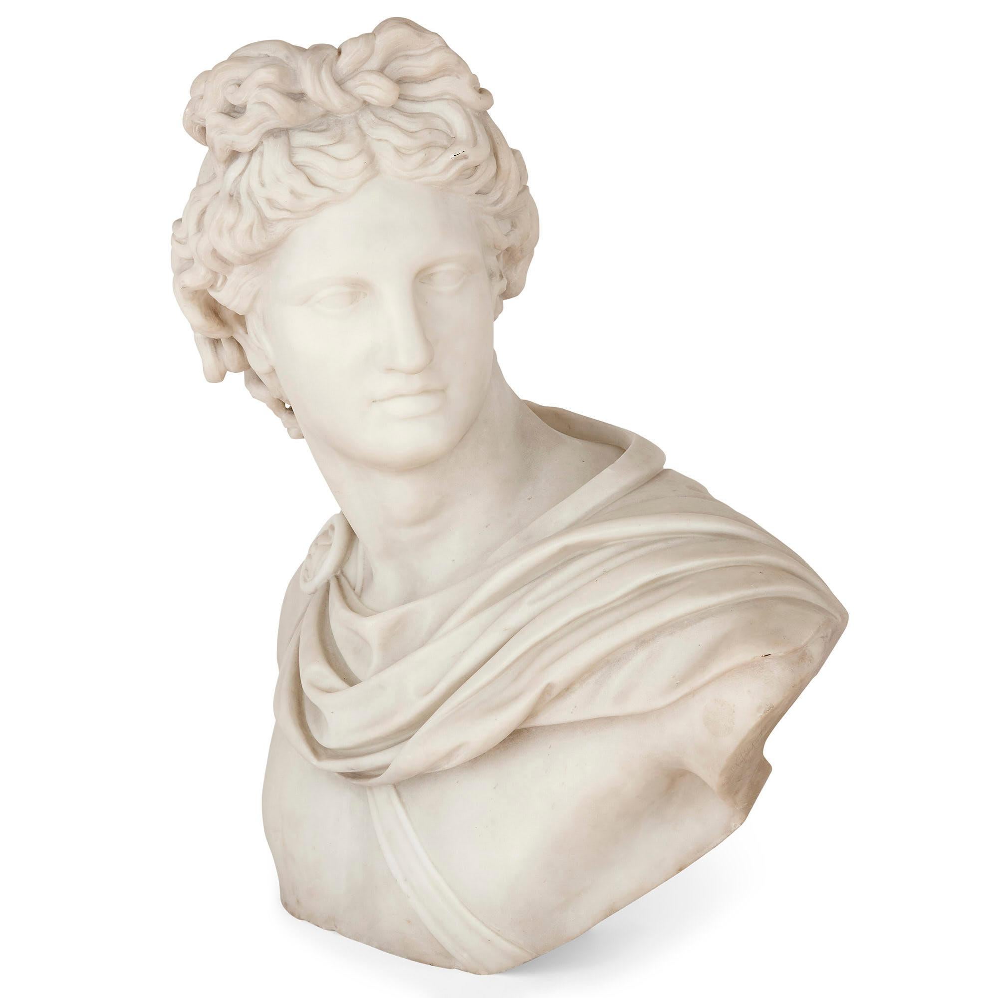 Italian marble sculpture of Apollo
Italian, 19th century
Measures: Height 64cm, width 61cm, depth 43cm

This large and fine carved marble bust depicting Apollo is after the ancient Roman original masterpiece displayed in the Vatican since 1511.