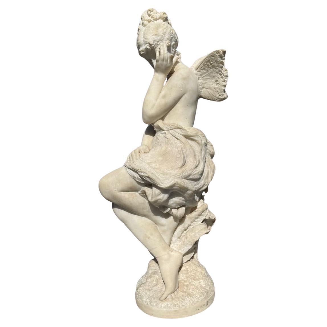 Escultura italiana de mármol de Psique, firmada A. Rossetti Italiano