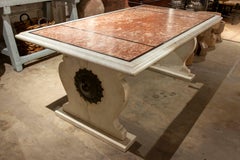 Italian Marble Table in Two-Tone with Bronze Connecting Rod with the Rosette