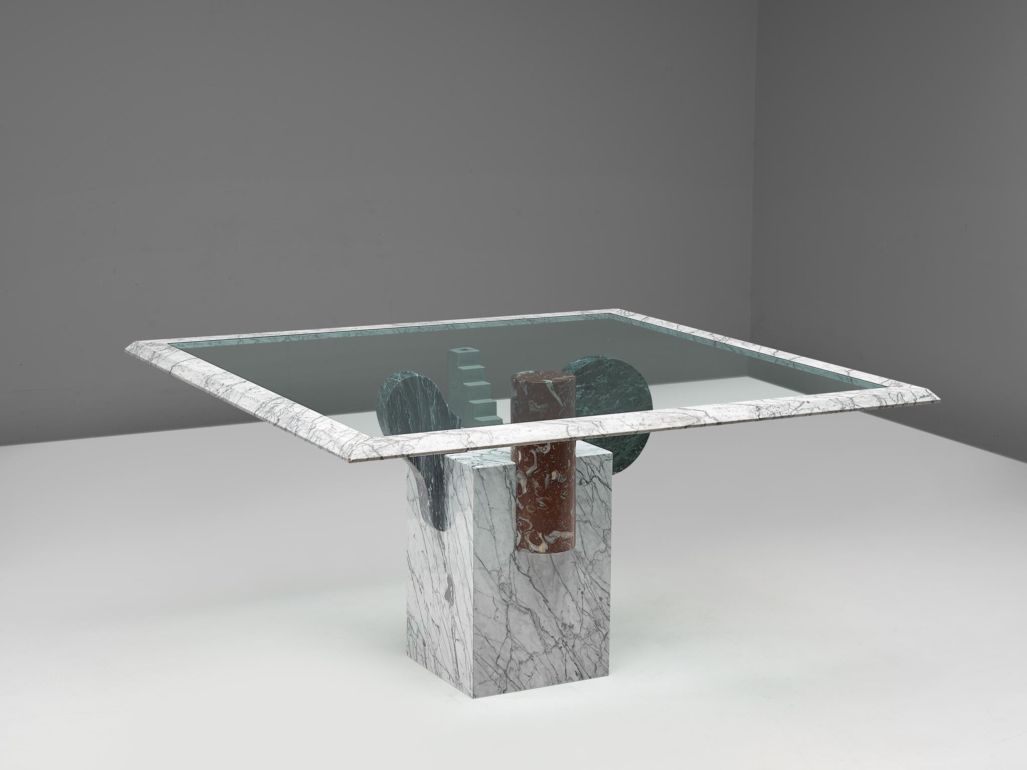 Pier Alessandro Giusti and Egidio Di Rosa for UP&UP, dining table, marble, granite and glass, Italy, 1970s.

Postmodern Italian dining table with glass top and marble foot designed by the duo Pier Alessandro Giusti and Egidio Di Rosa for UP&UP. The